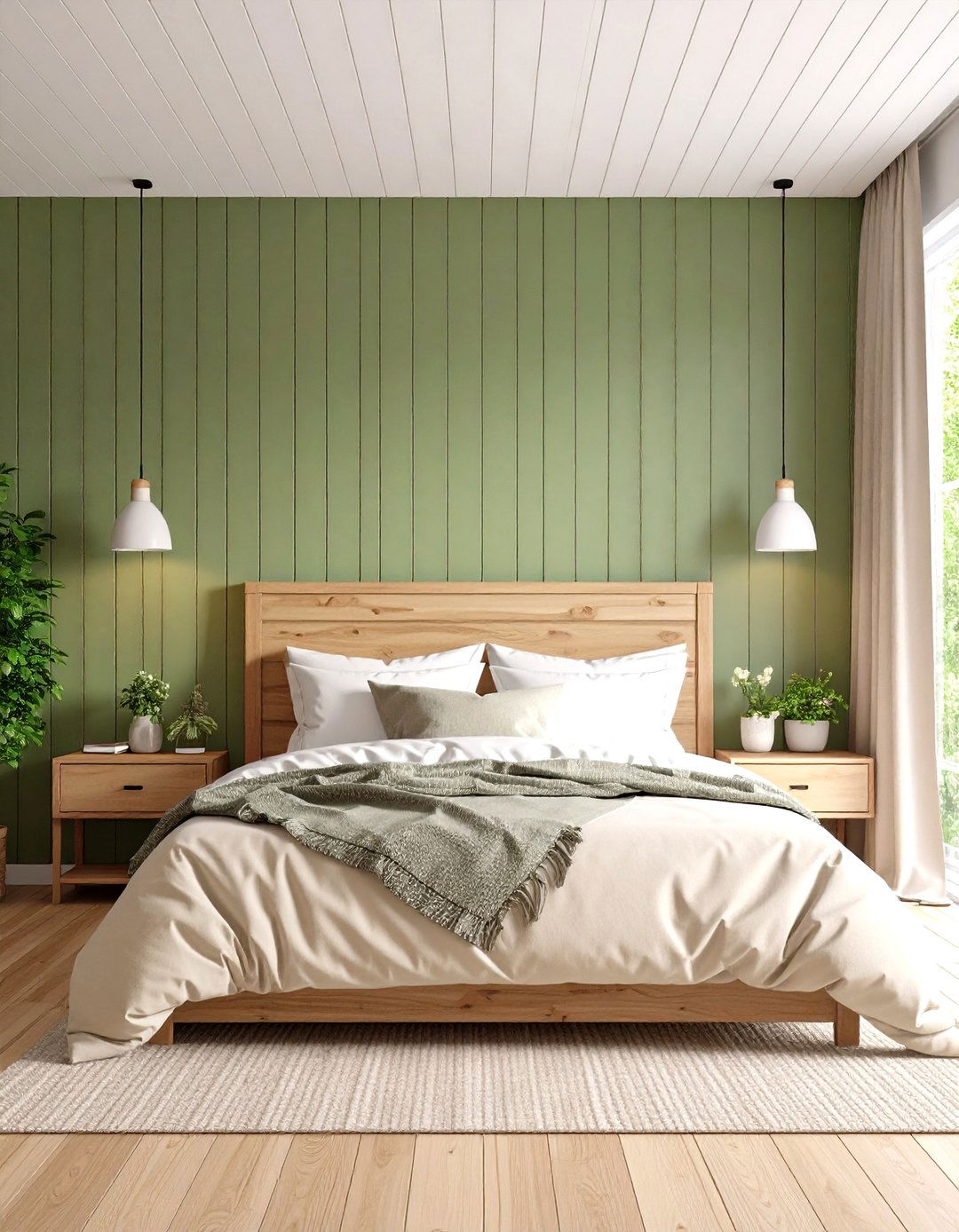 Sage Green Shiplap Accent Wall - 24 Green and Beige Bedroom Ideas