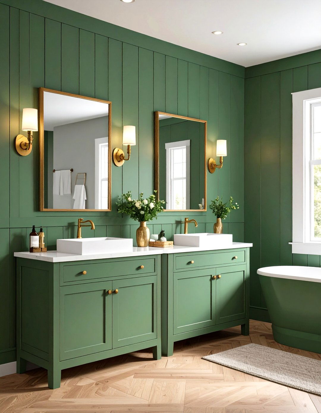 Sage Green Shiplap Walls with Gold Vanity Lighting - 24 Green and Gold Bathroom Ideas