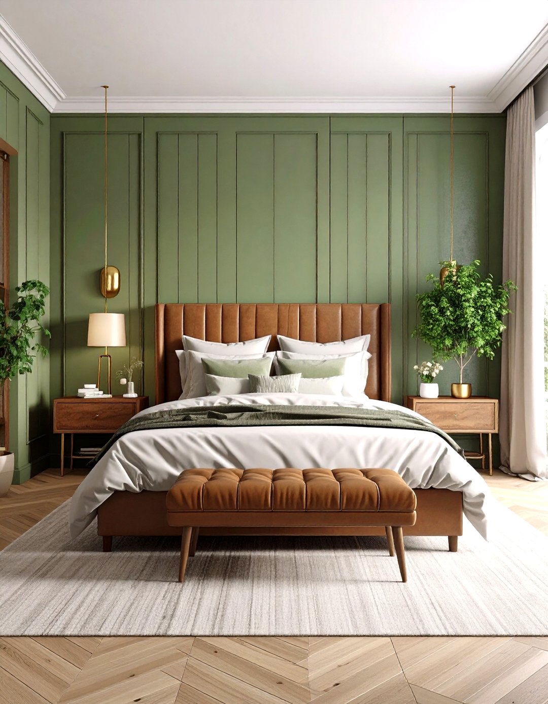 Sage Green Shiplap with Cognac Brown Leather Accents - 24 Green and Brown Bedroom Ideas