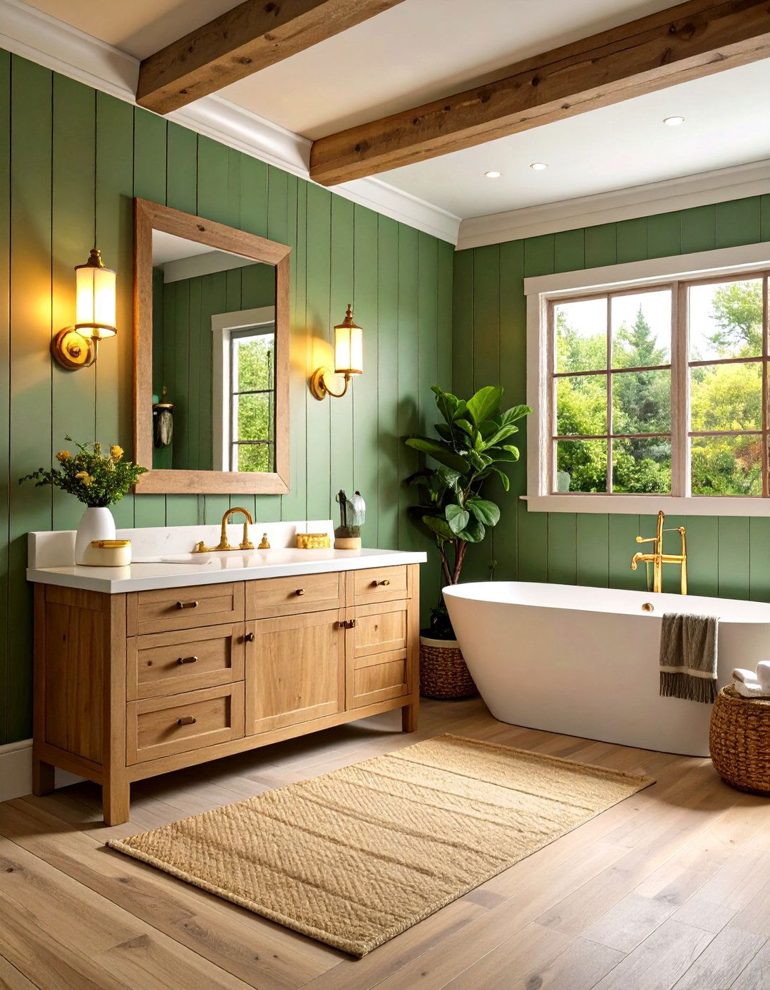 Sage Green Shiplap with Marigold Yellow Lighting Fixtures - 24 Yellow and Green Bathroom Ideas