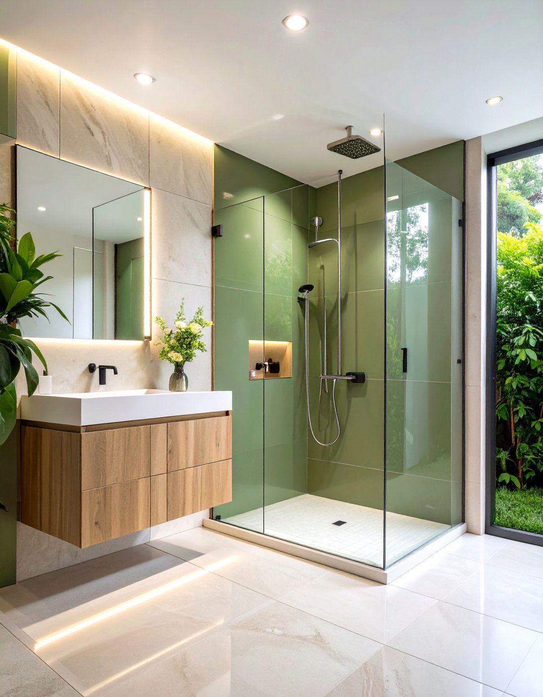 Sage Green Shower Niche with Cream Surroundings - 24 Sage Green and Cream Bathroom Ideas