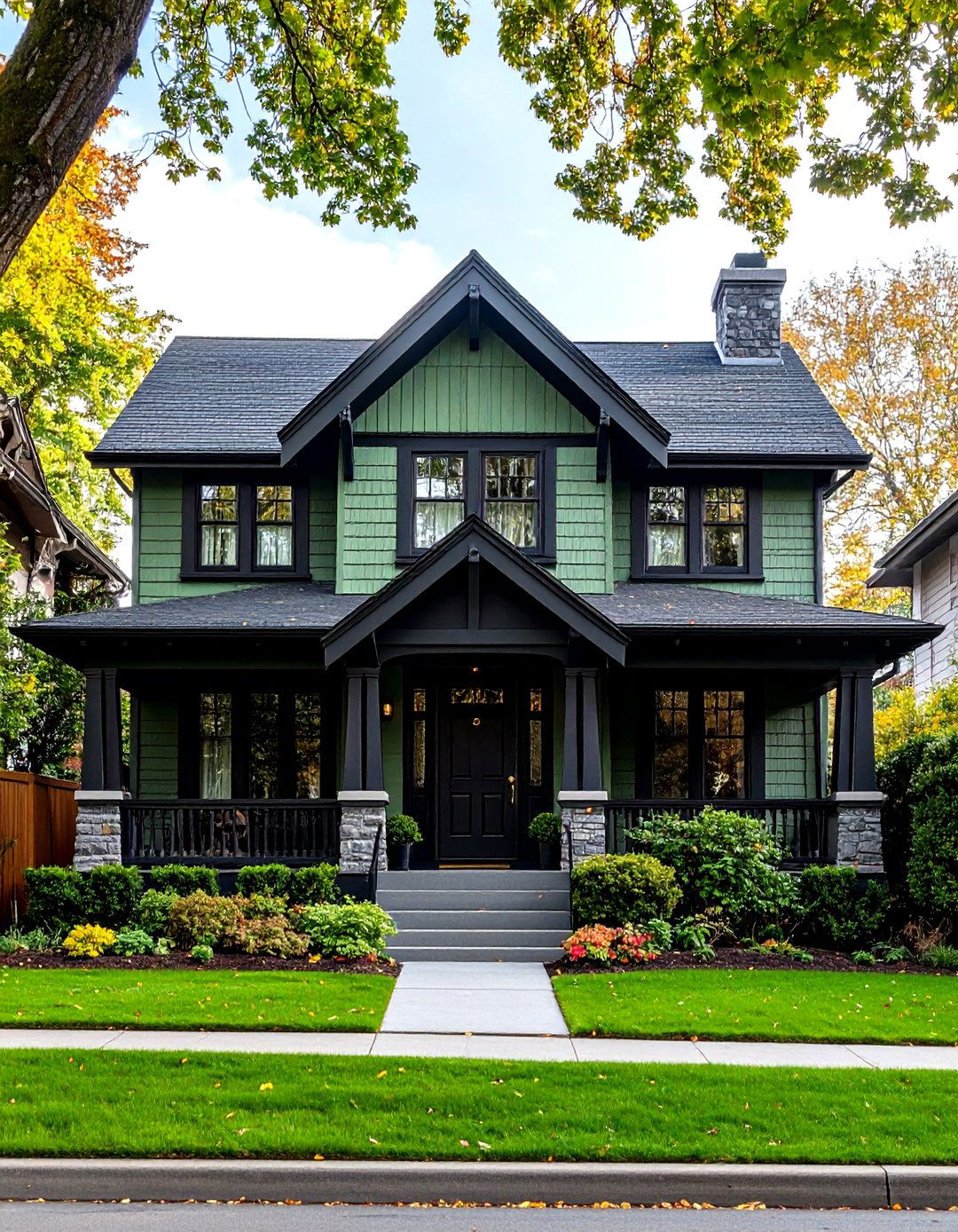 Sage Green Siding With Black Door and Brass Hardware - 24 Sage Green House With Black Trim Ideas