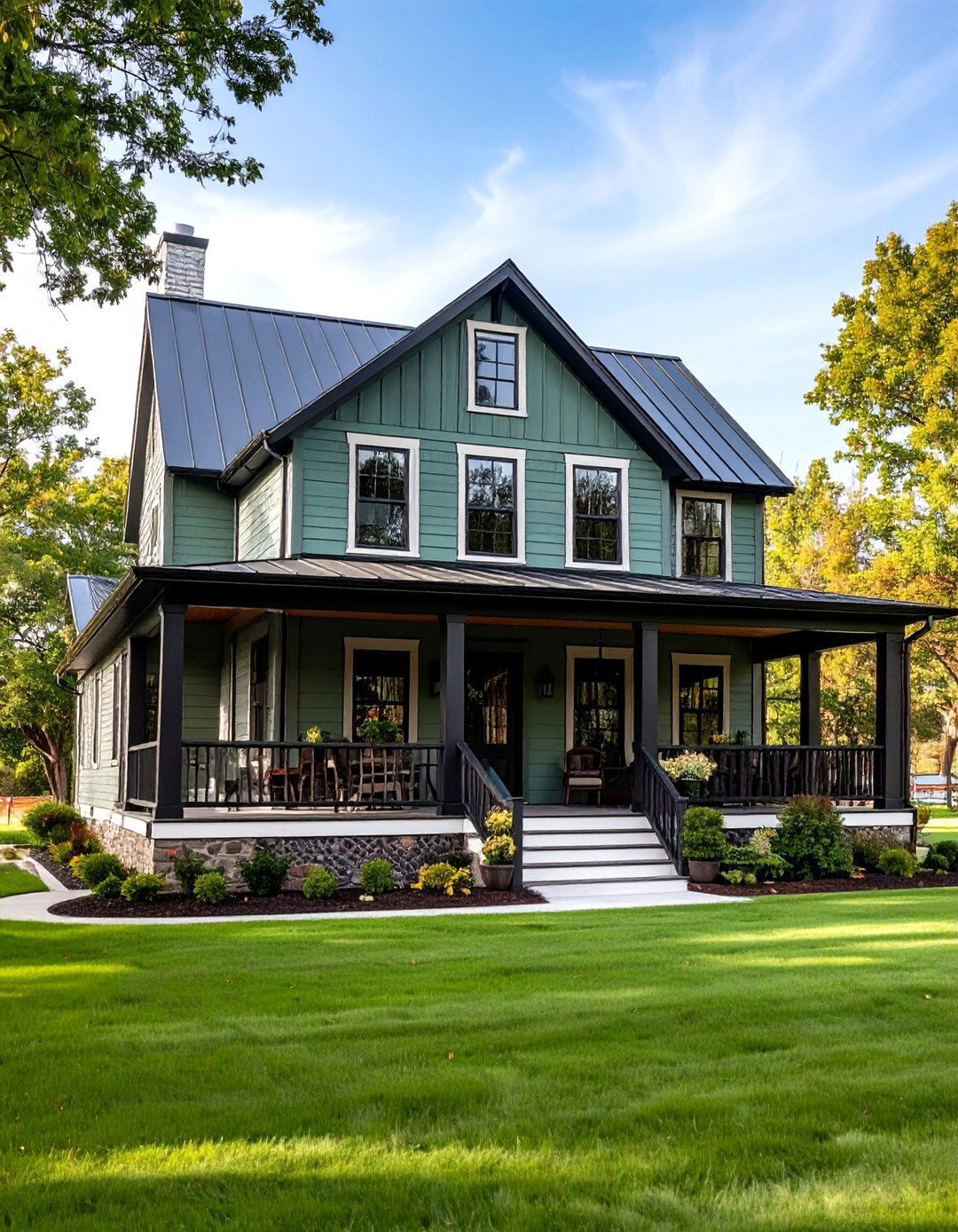 Sage Green Siding With Black Porch Railings and Columns - 24 Sage Green House With Black Trim Ideas
