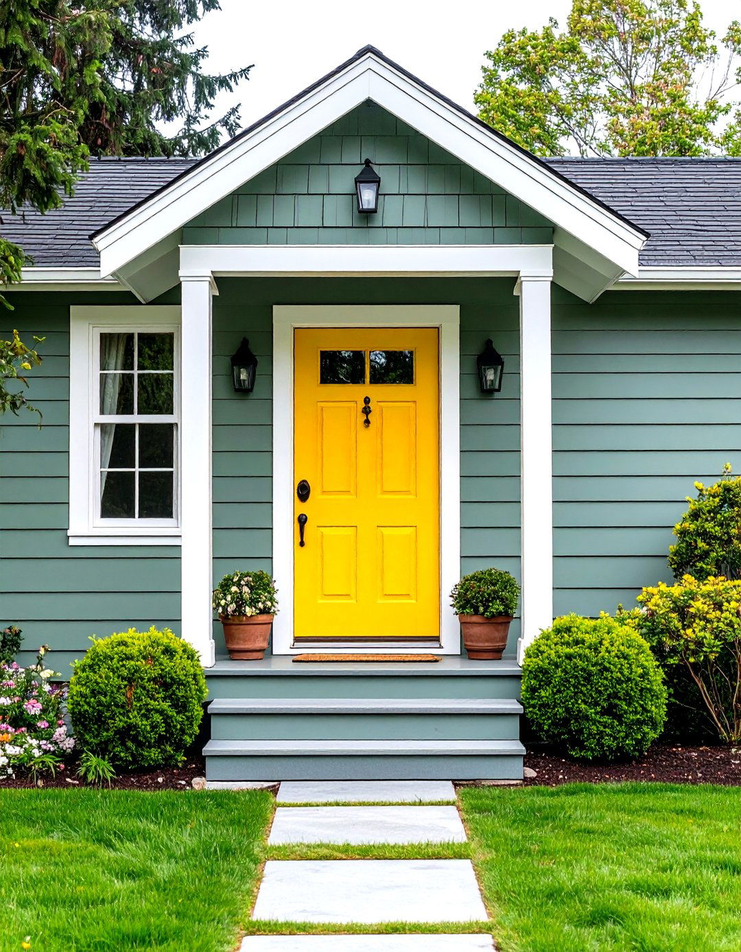 Sage Green Siding With Soft Yellow Door - 24 Exterior House Color Schemes With Sage Green Siding