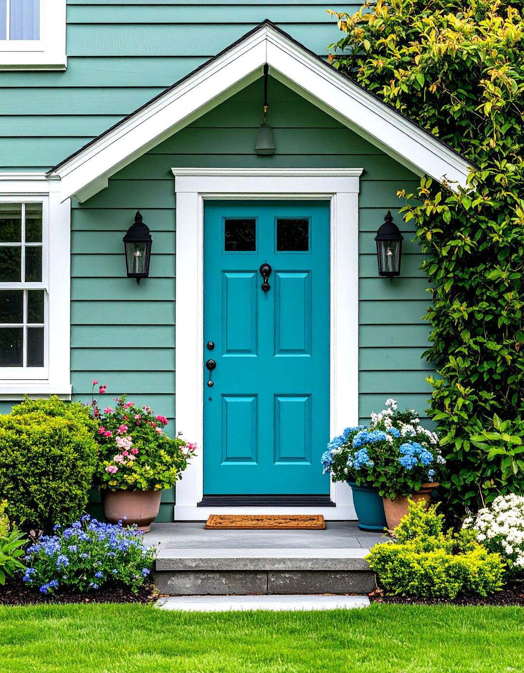 Sage Green Siding With Teal Blue Door - 24 Exterior House Color Schemes With Sage Green Siding
