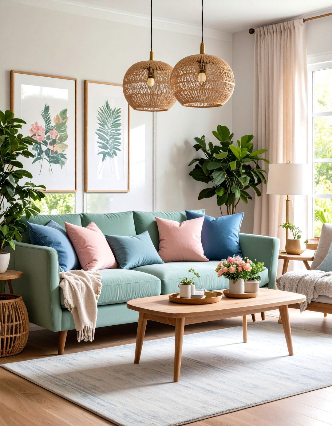 Sage Green Sofa with Dusty Pink and Periwinkle Blue Accents - 24 Pink and Blue Living Room Ideas