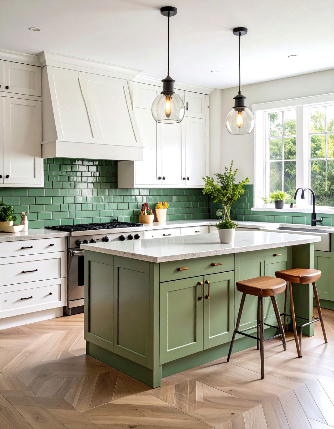 Sage Green Subway Tile Backsplash with Black Grout - 24 Sage Green and Black Kitchen Ideas