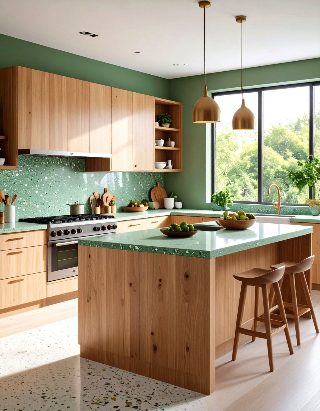 Sage Green Terrazzo with Natural Wood Cabinets - 24 Terrazzo Kitchen Countertops