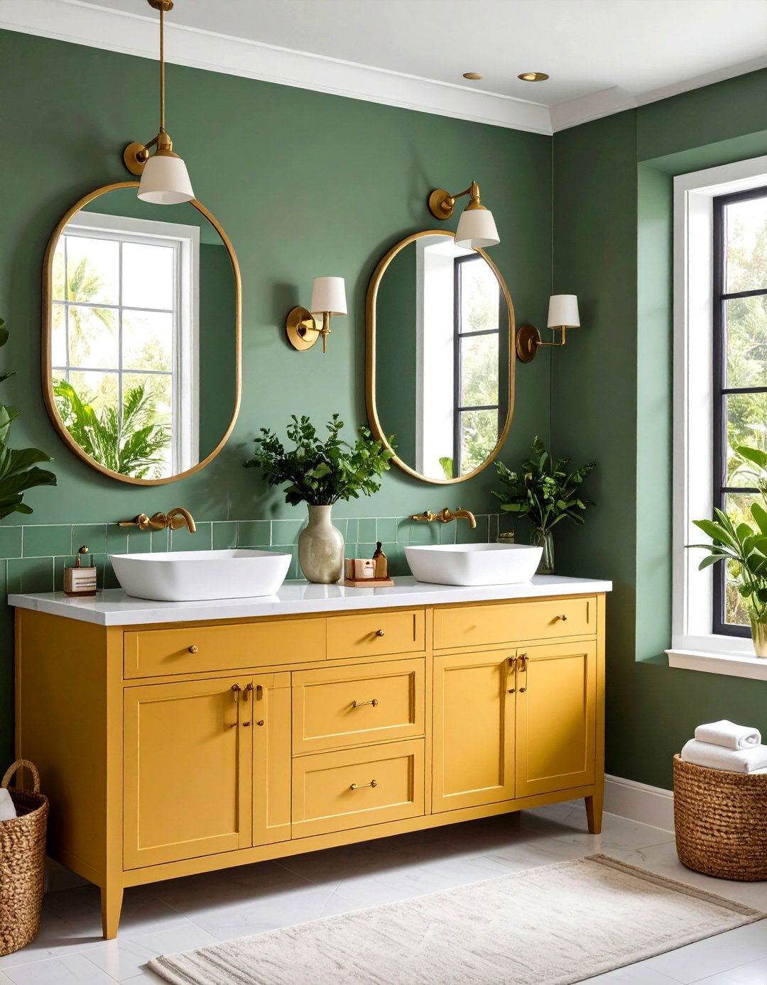 Sage Green Tile Backsplash with Butterscotch Yellow Vanity - 24 Yellow and Green Bathroom Ideas