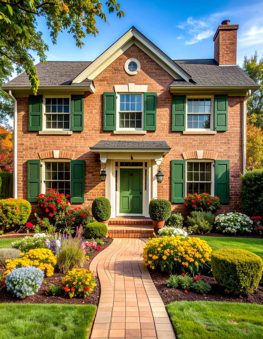 Sage Green Trim Blonde Brick Design - 24 Blonde Brick House Color Schemes