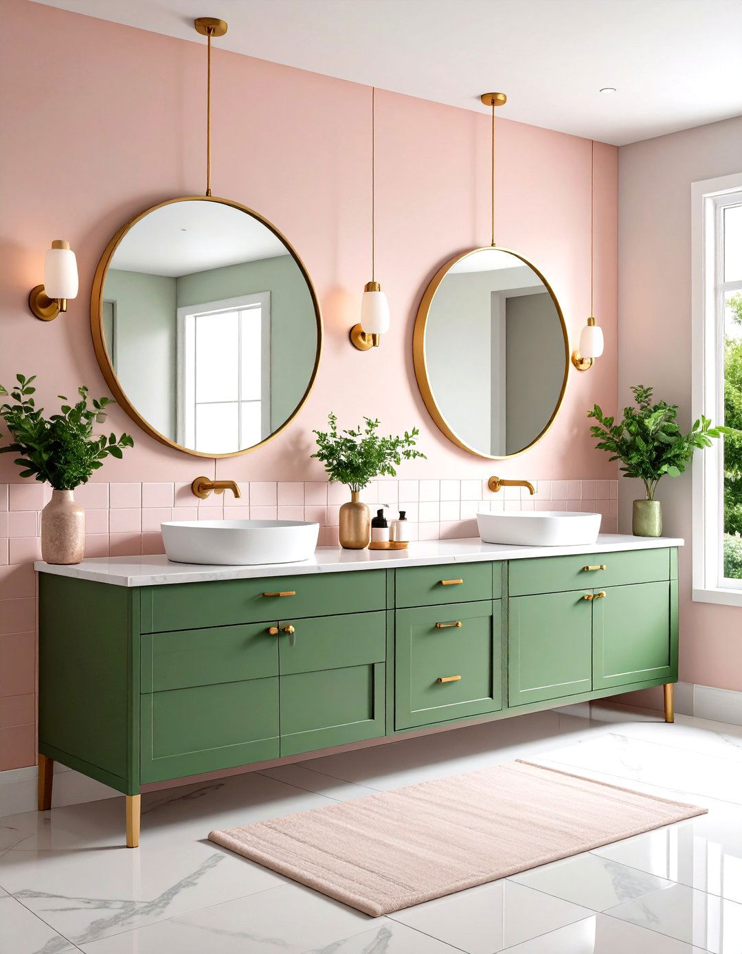 Sage Green Vanity with Blush Pink Subway Tiles - 24 Pink and Green Bathroom Design Ideas