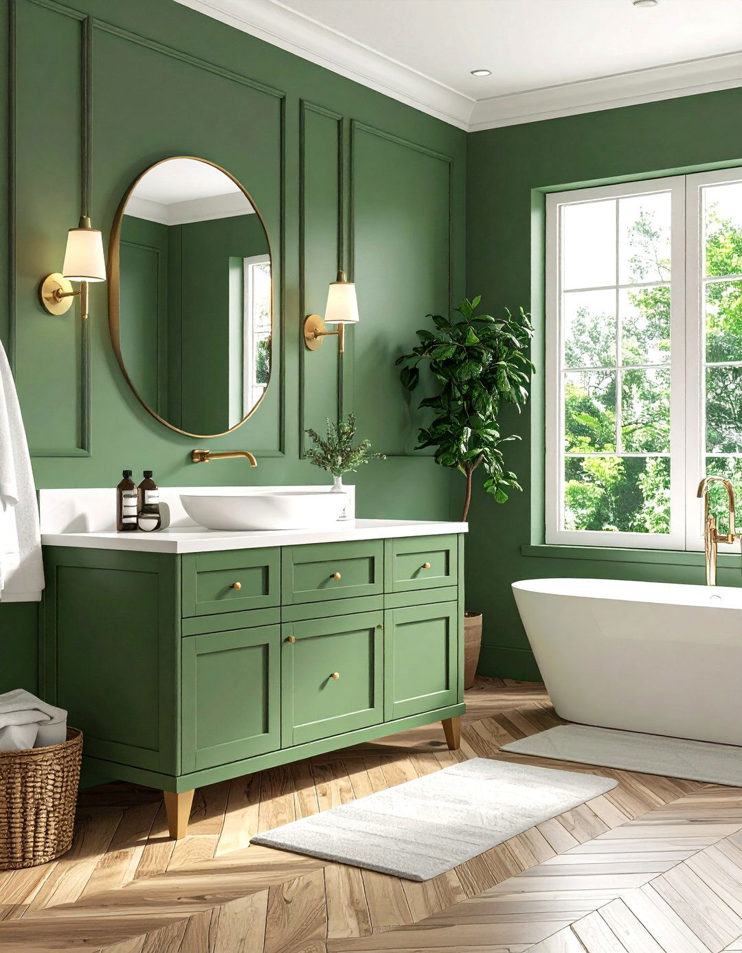 Sage Green Vanity with Herringbone Flooring - 24 Bathroom With Green Vanity