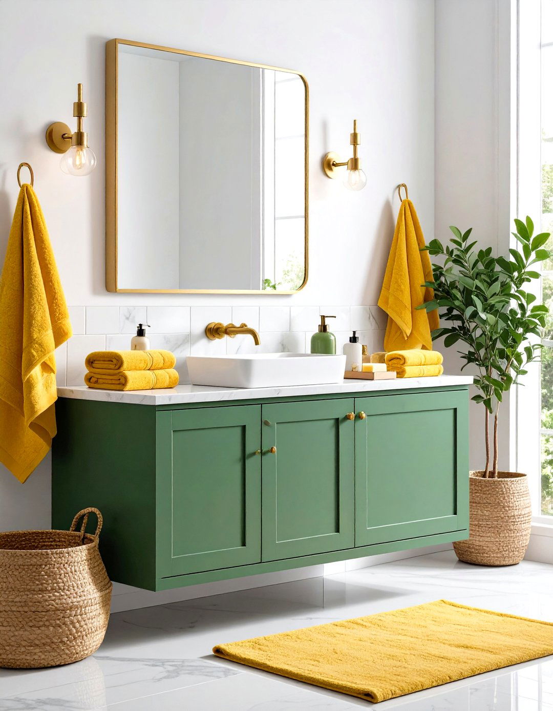 Sage Green Vanity with Lemon Yellow Accents - 24 Yellow and Green Bathroom Ideas