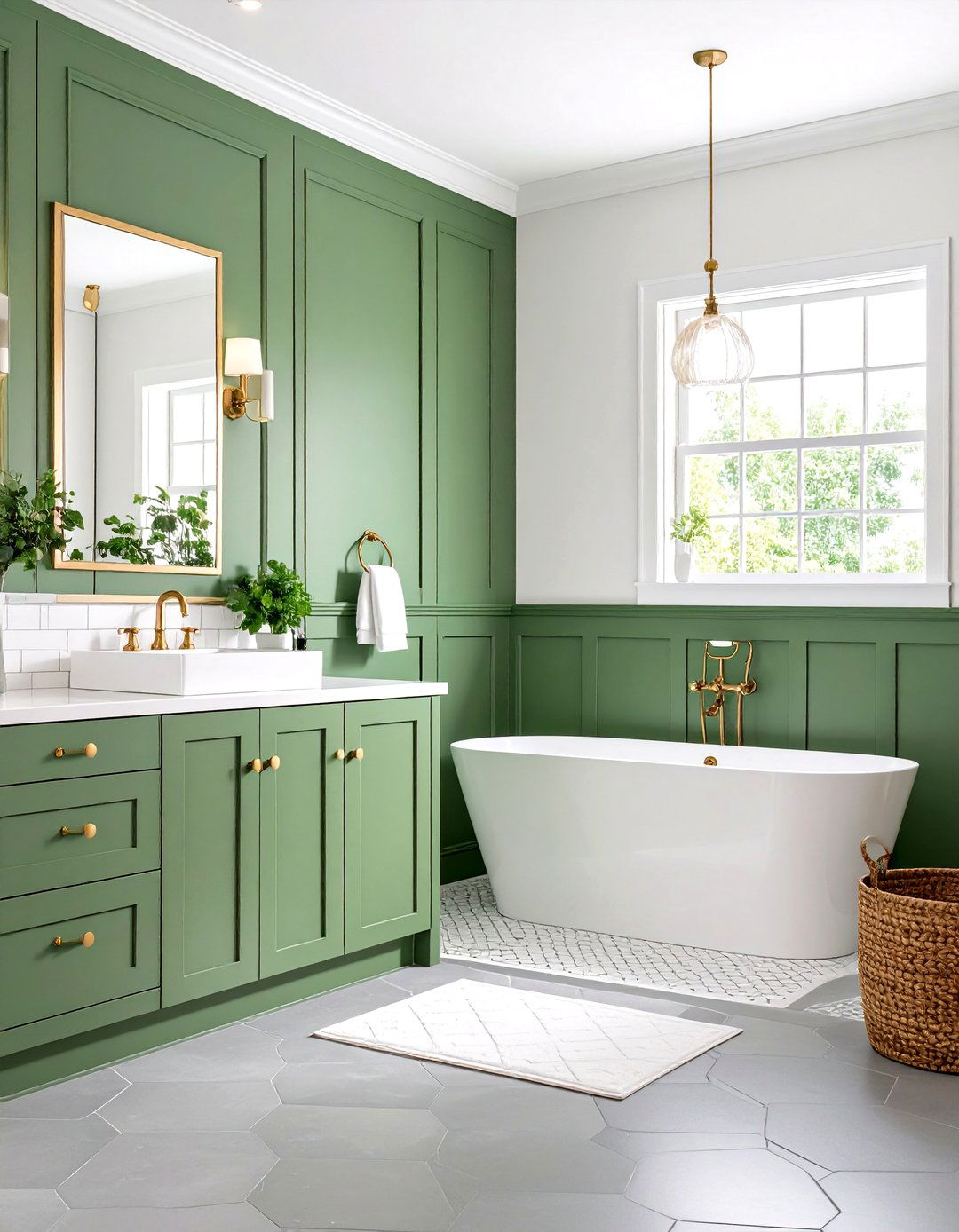 Sage Green Wainscoting with Grey Hexagon Floors - 24 Green and Grey Bathroom Ideas