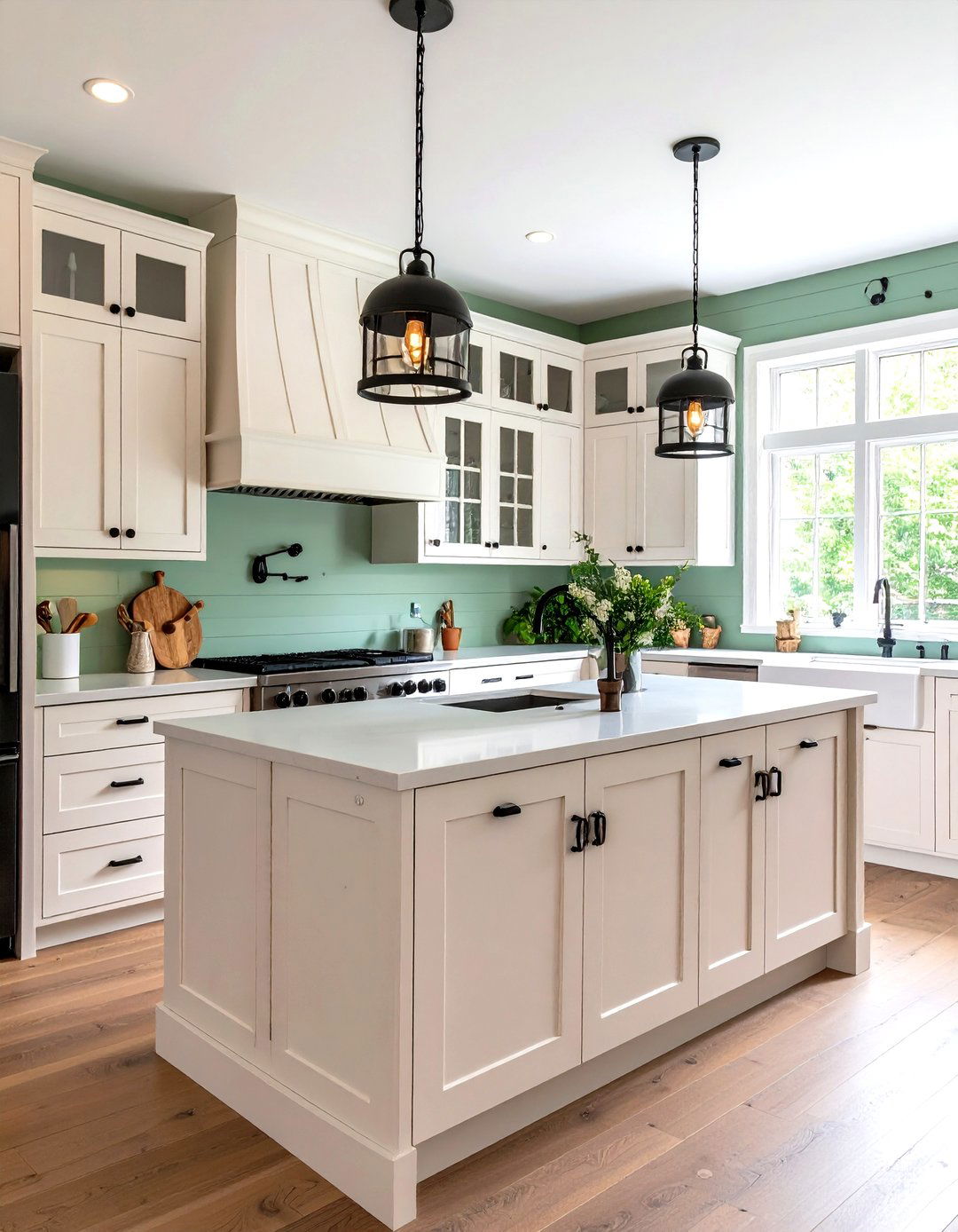 Sage Green Walls with Black Cabinet Hardware - 24 Sage Green and Black Kitchen Ideas