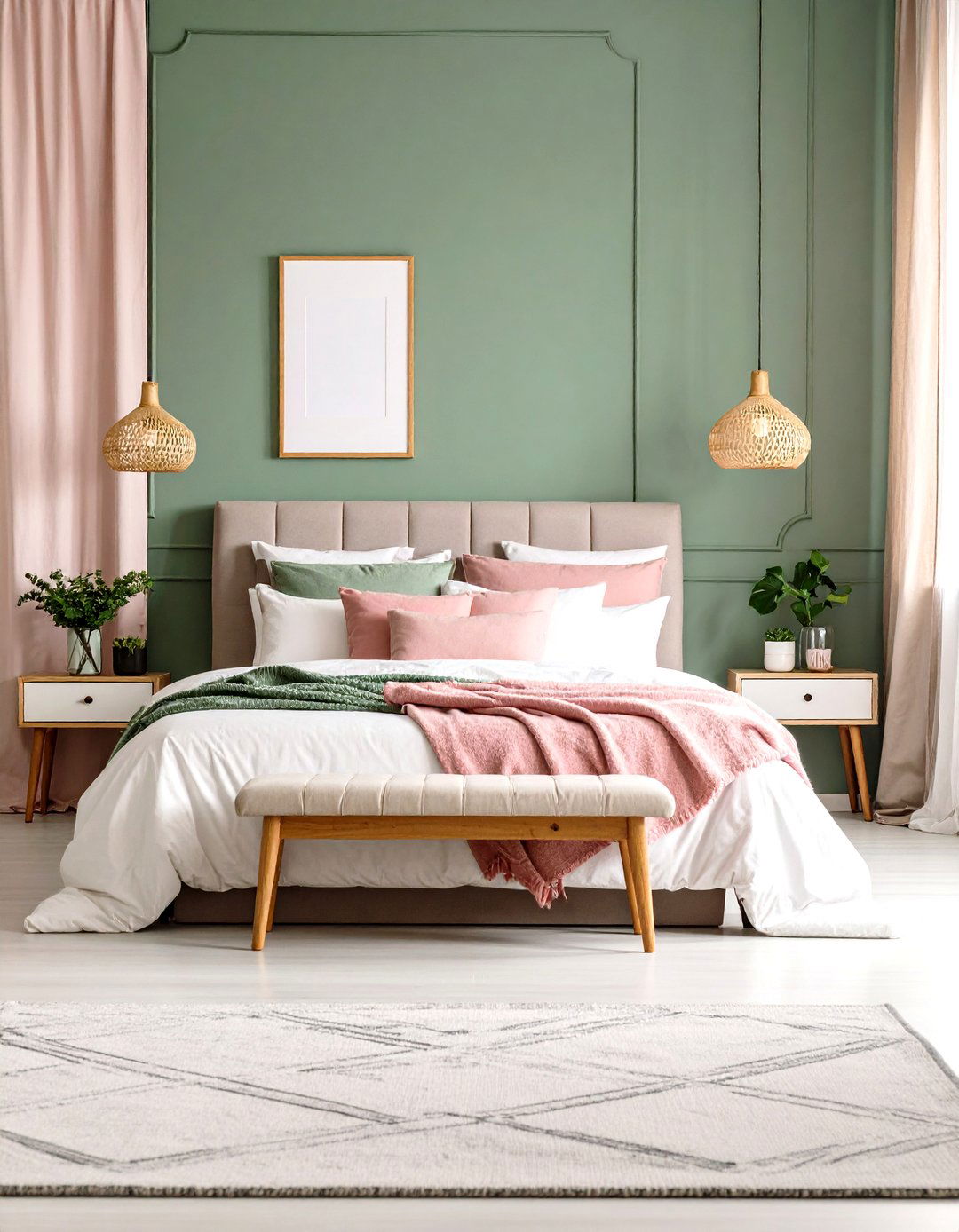 Sage Green Walls with Blush Pink Bedding - 24 Pink and Green Bedroom Ideas