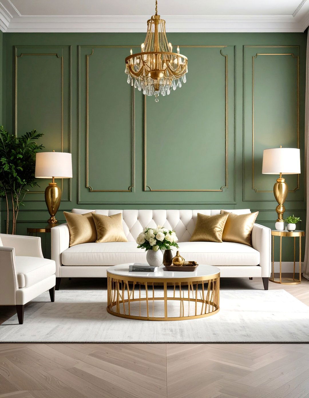 Sage Green Walls with Gold Accents - 24 Green and Gold Living Room Ideas