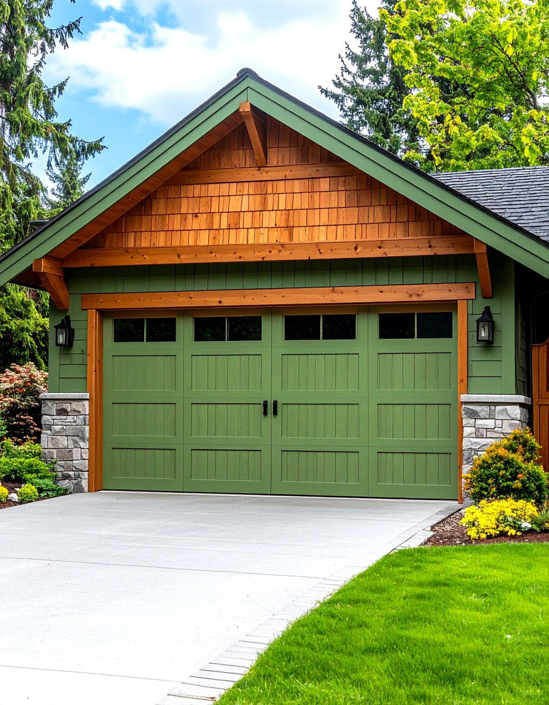Sage Green Wooden Door with Natural Cedar Finish - 24 Green Garage Door Ideas