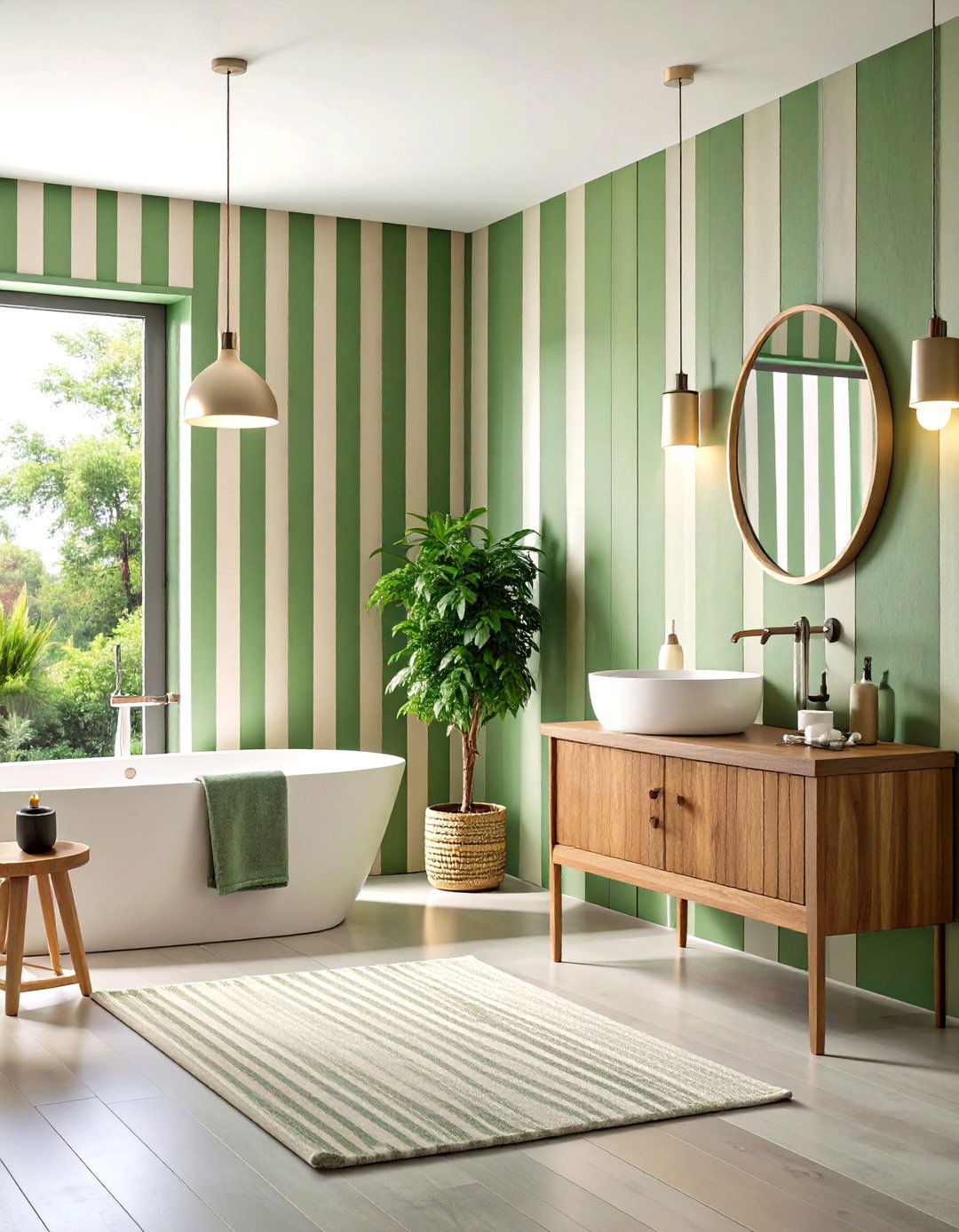 Sage Green and Cream Striped Wall Treatment - 24 Sage Green and Cream Bathroom Ideas