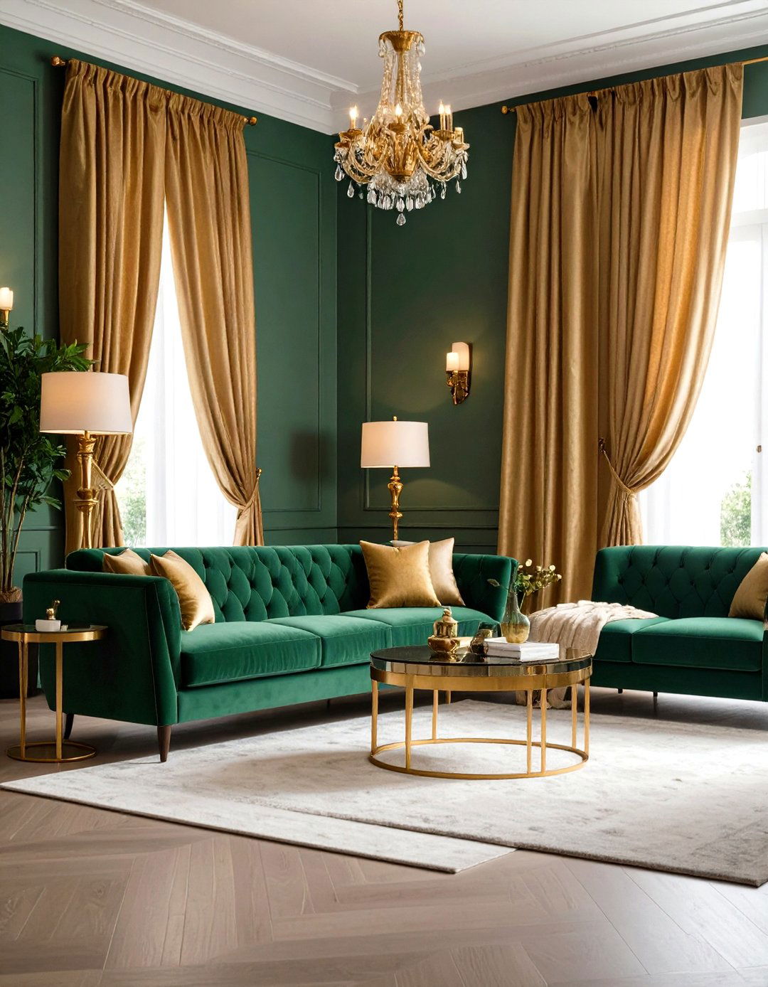 Sage Green with Gold Curtains and Soft Lighting - 24 Green and Gold Living Room Ideas