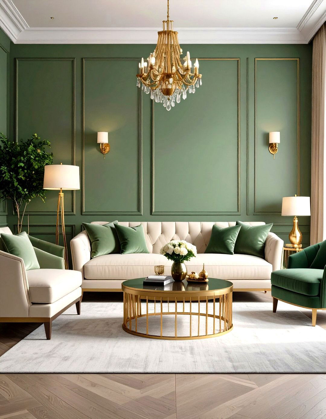 Sage Green with Gold Metallic Wall Accents - 24 Green and Gold Living Room Ideas