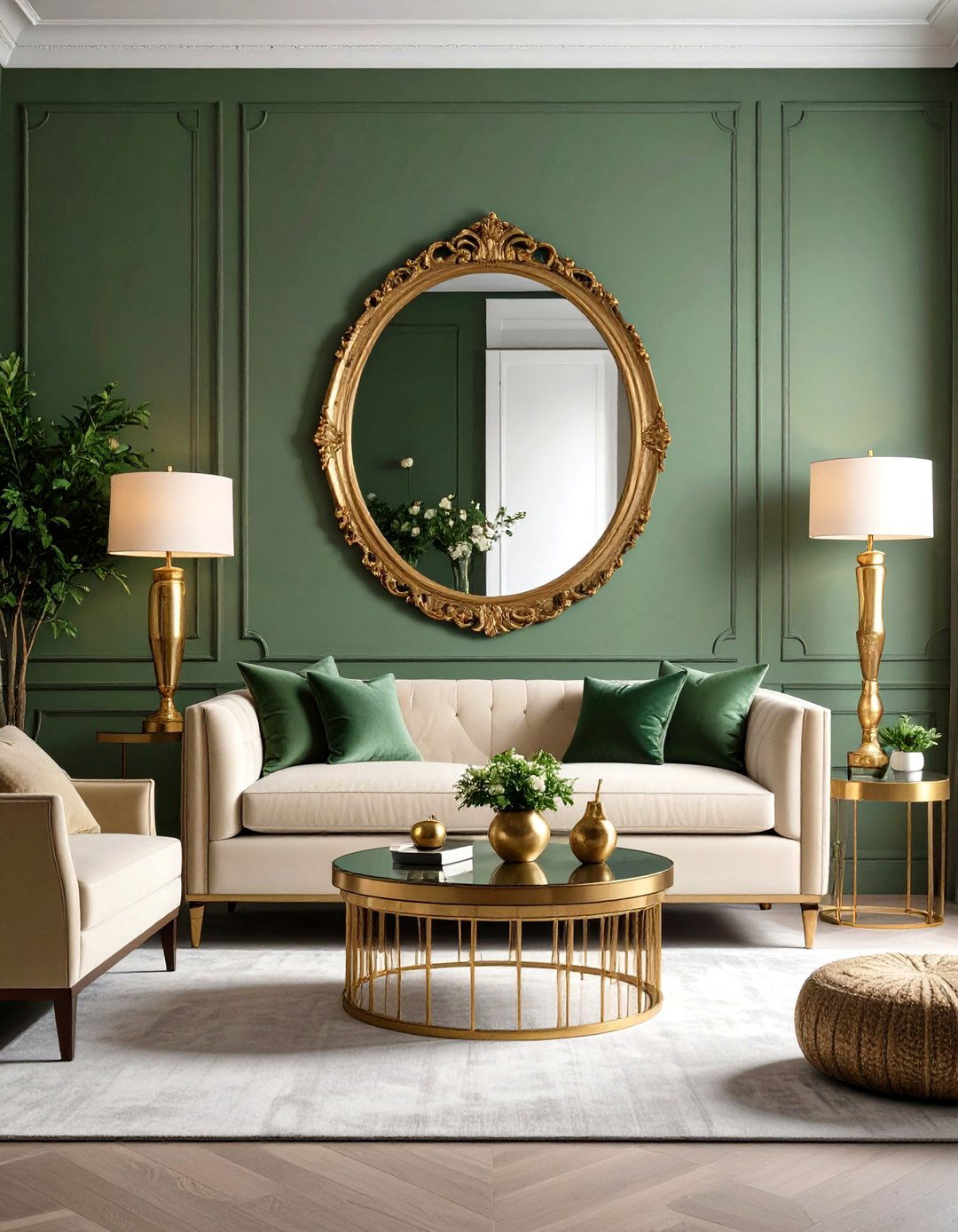 Sage Green with Gold Mirror and Table Lamps - 24 Green and Gold Living Room Ideas
