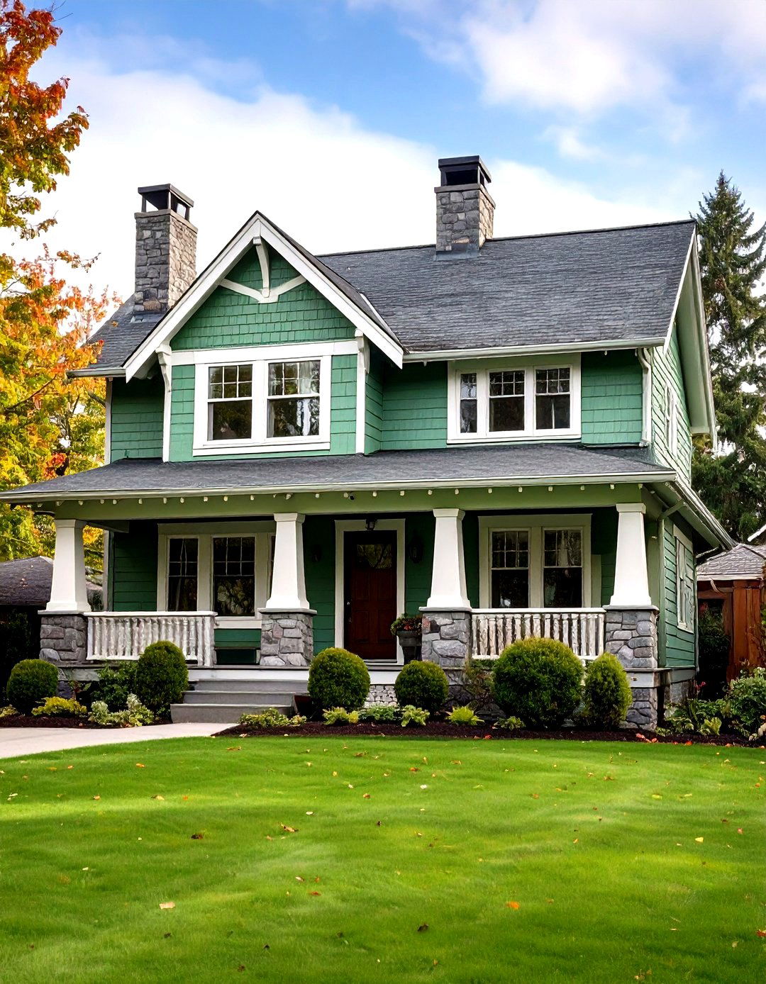 Sage Green with Gray Stone Elements - 24 Light Green House Exterior Ideas