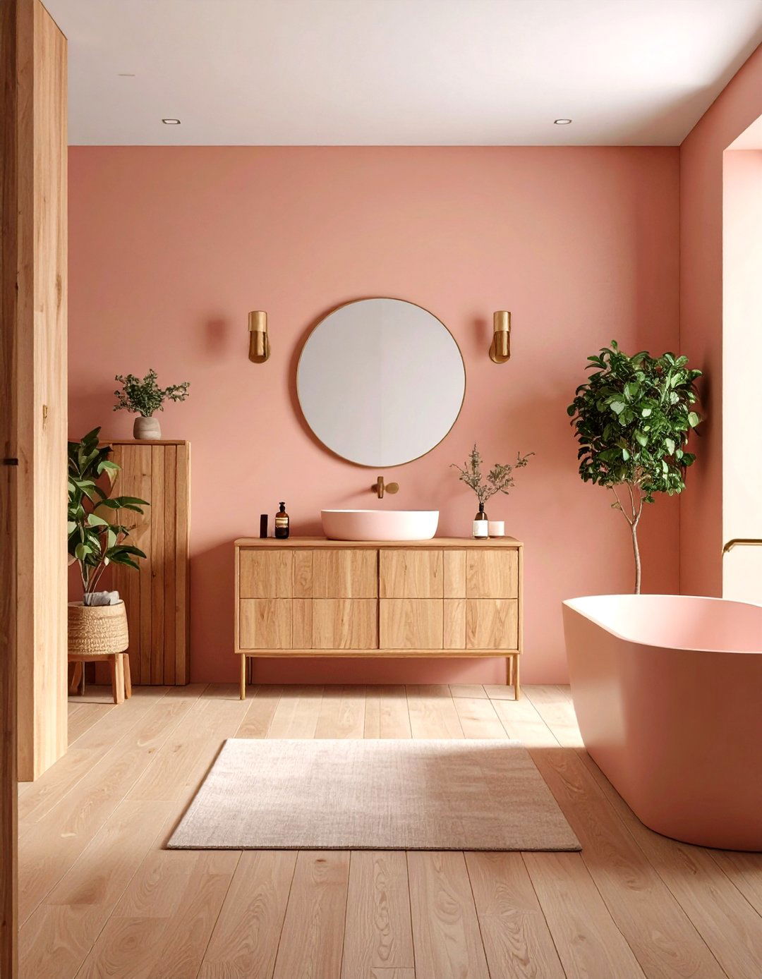 Salmon Pink Feature Wall Drama - 24 Pink Bathroom Ideas