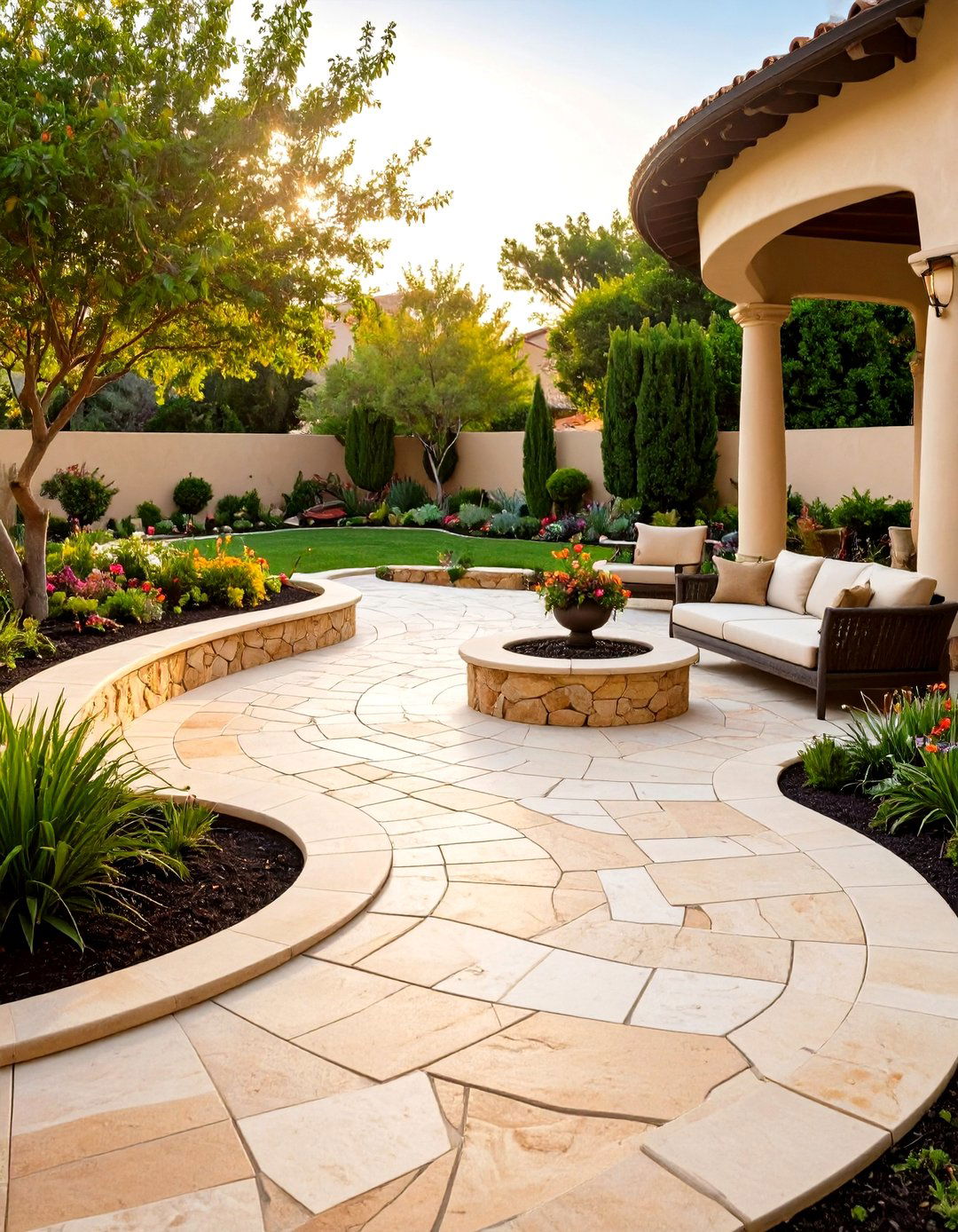 Sandstone Curved Patio - 24 Stone Patio Ideas