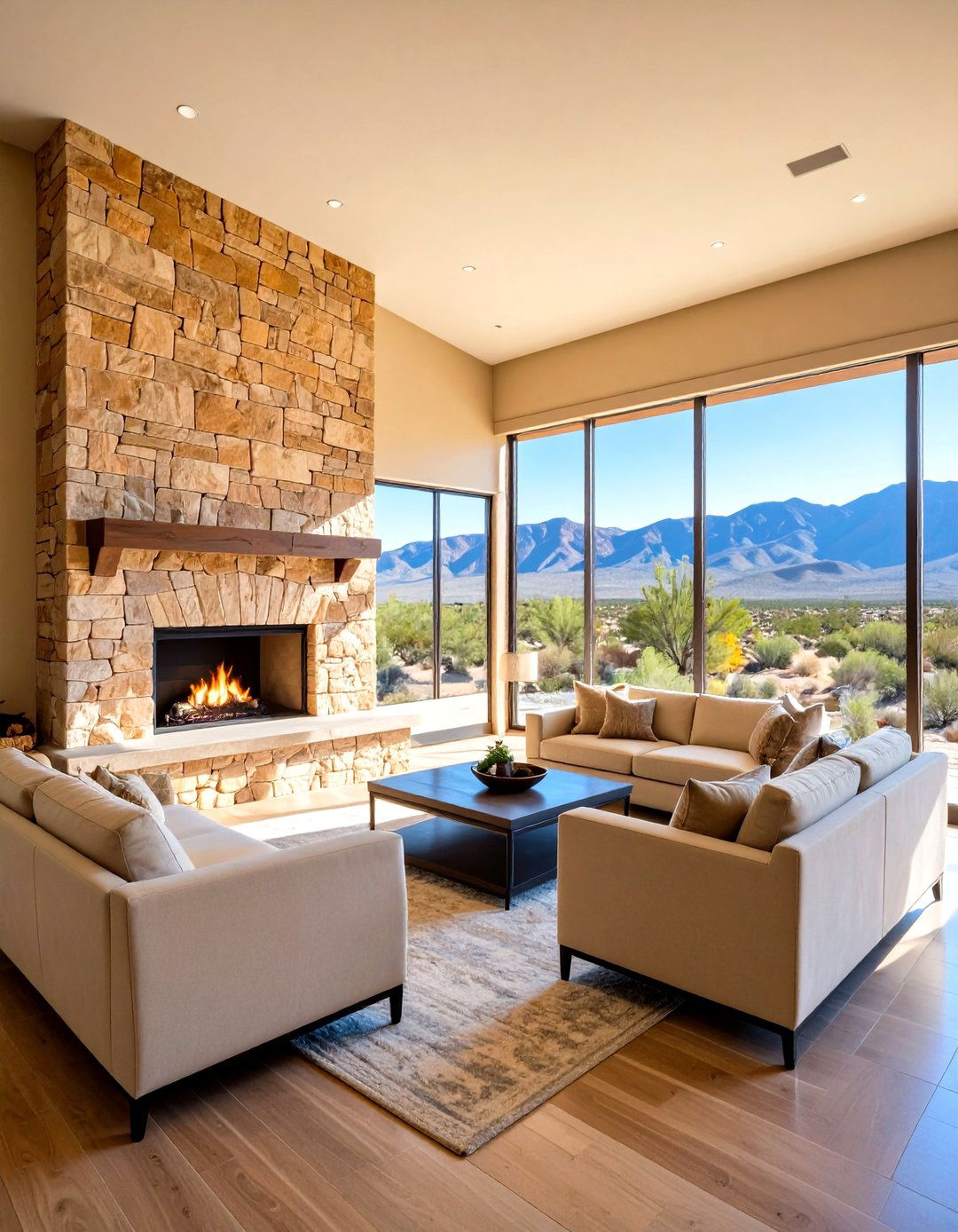 Sandstone Desert Modern Fireplace - 24 Floor to Ceiling Stone Fireplace Ideas