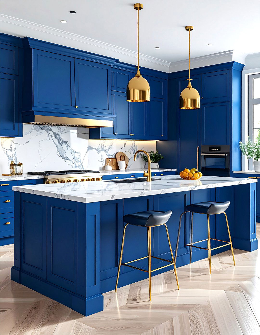Sapphire Blue Glamorous Island with Metallic Details - 24 Blue Kitchen Island Ideas