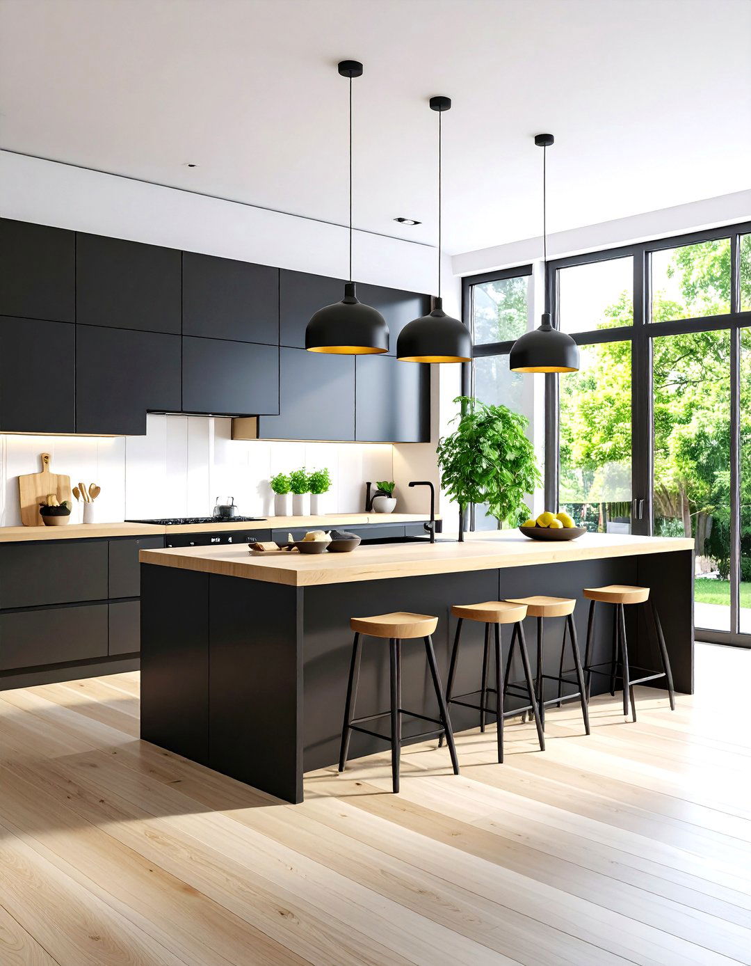 Scandinavian Black Cabinets with Light Oak Countertops - 24 Kitchen With Black Cabinets And Wood Countertops Ideas