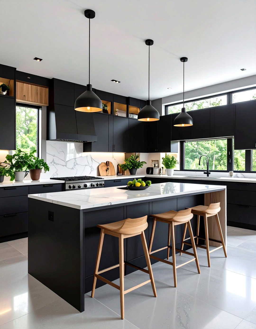 Scandinavian Black Cabinets with White Quartzite Countertops - 24 Black Kitchen Cabinets With White Countertops