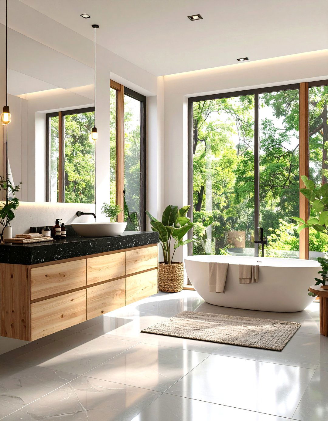 Scandinavian Black Granite with Light Woods - 24 bathroom with black countertops ideas