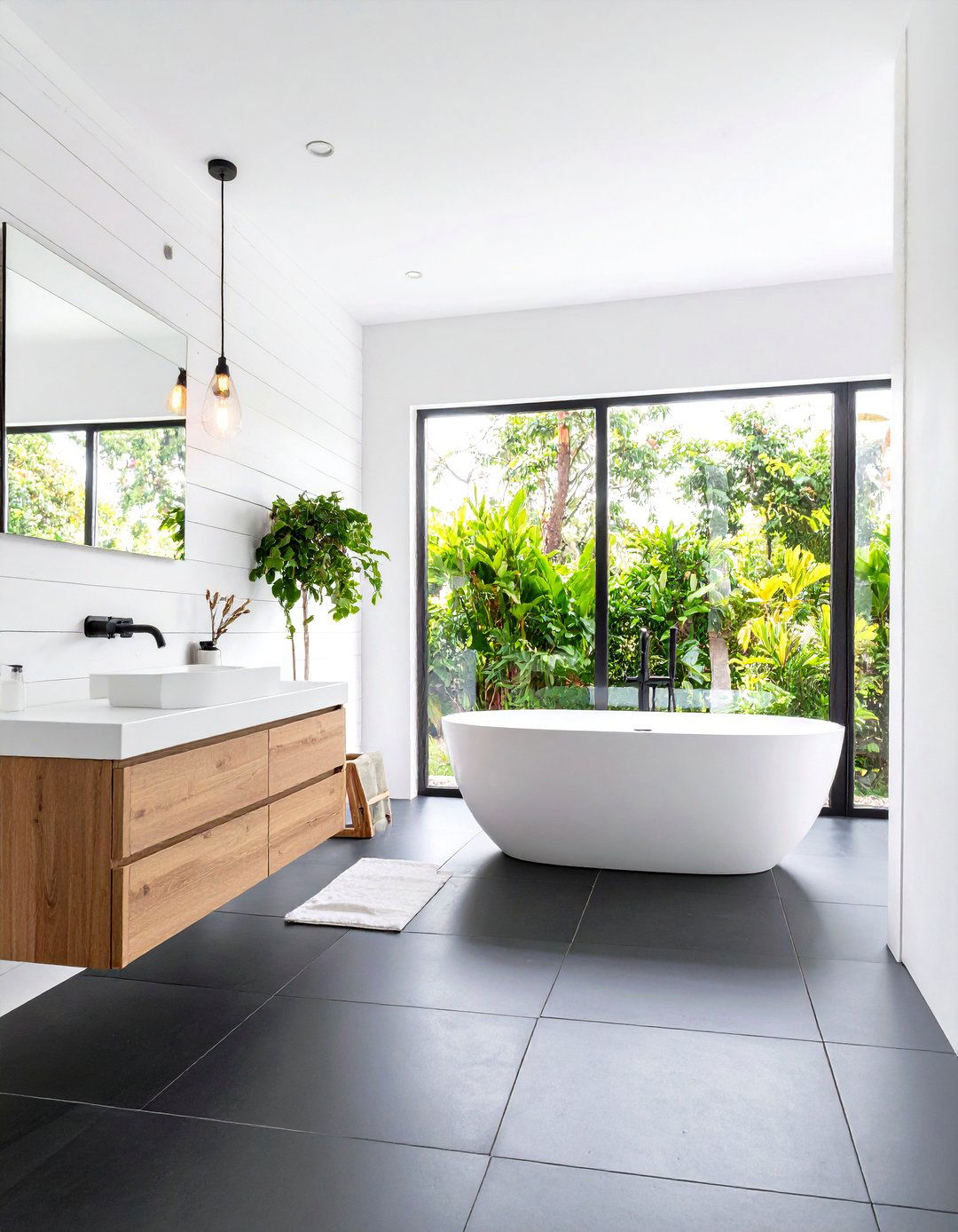 Scandinavian Black Matte Tile Floor with White Wood Plank Walls - 24 Black Floor Bathroom With White Walls Ideas