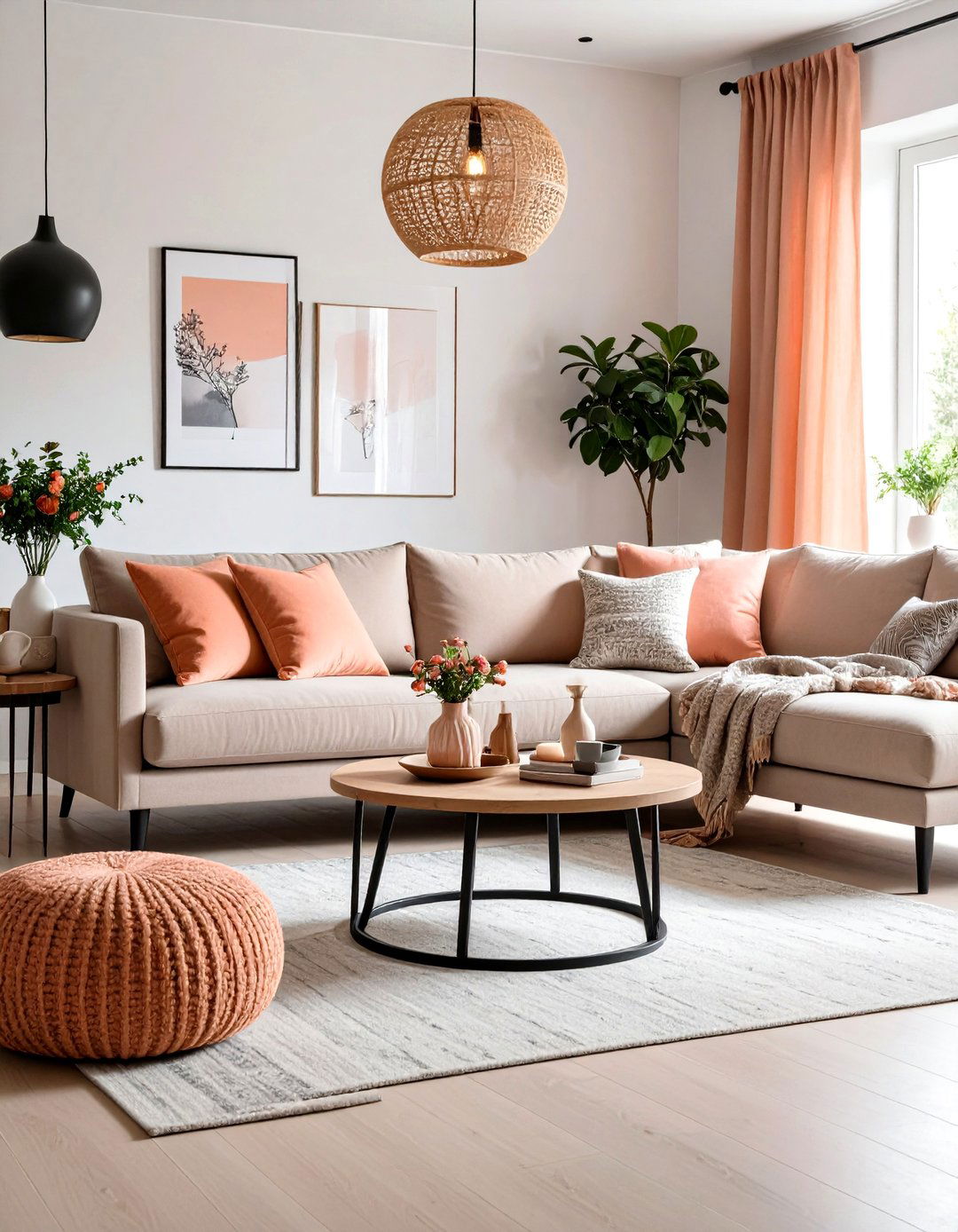 Scandinavian Black and Peach Living Room - 24 Black and Orange Living Room Ideas