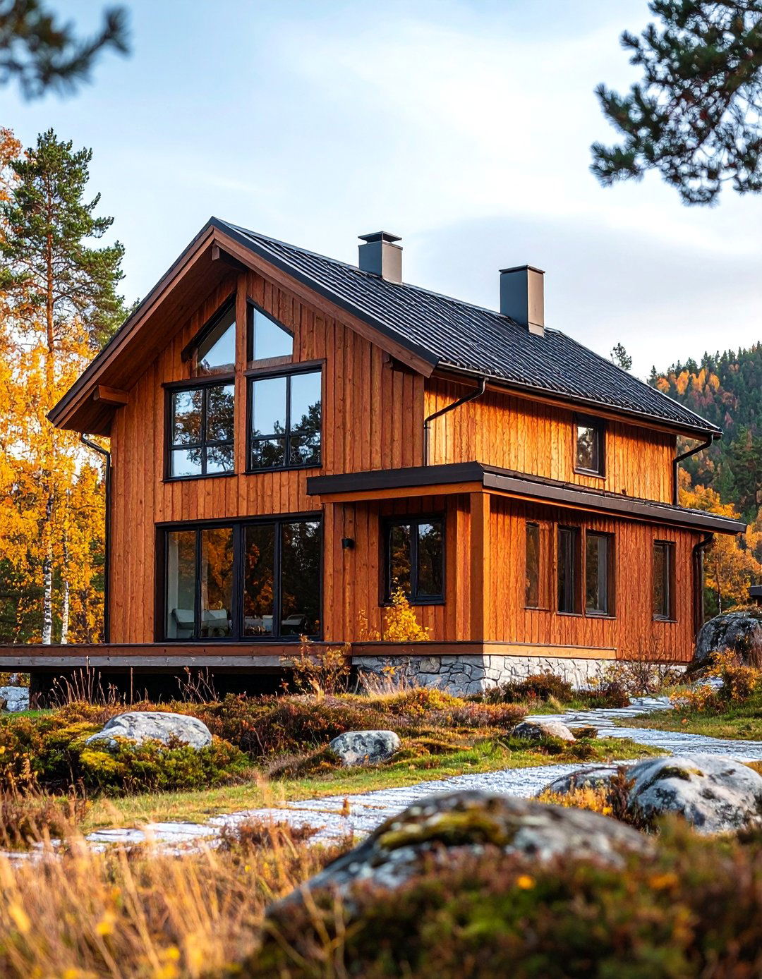Scandinavian Brown Wood with Cream Stucco Panels - 24 Cream and Brown House Exterior Ideas