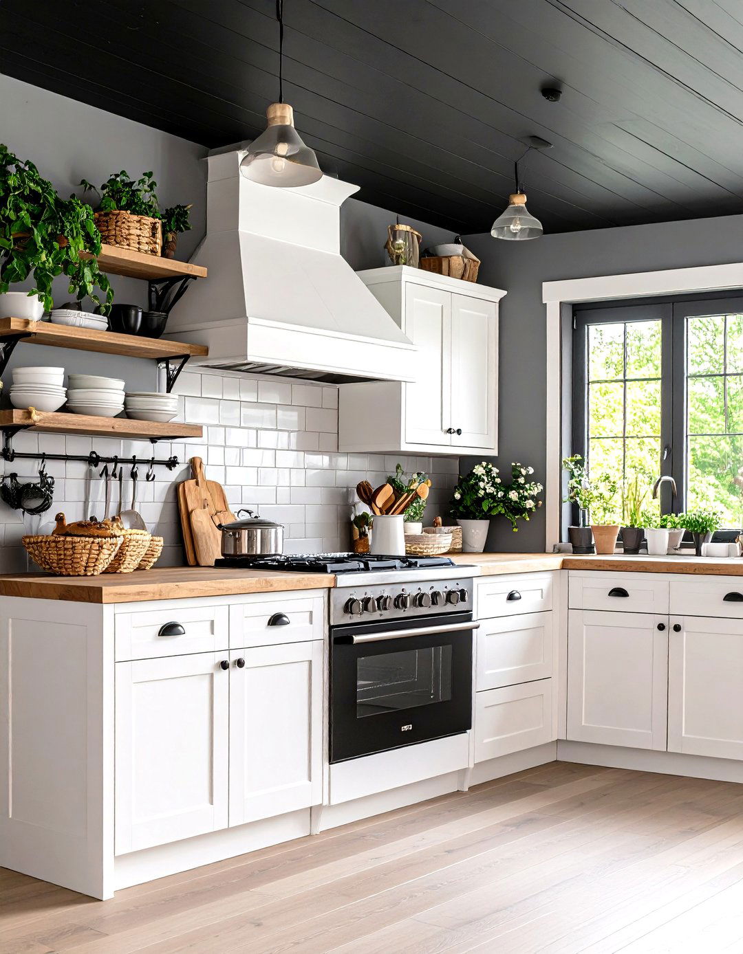 Scandinavian Farmhouse Kitchen Charm - 24 Black Ceiling With Grey Walls