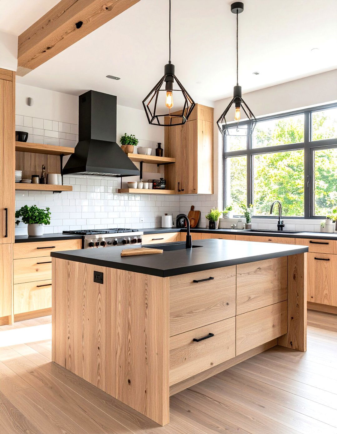 Scandinavian Inspired Kitchen with Light Wood Cabinets and Matte Black Countertops - 24 kitchen with dark countertops and light cabinets