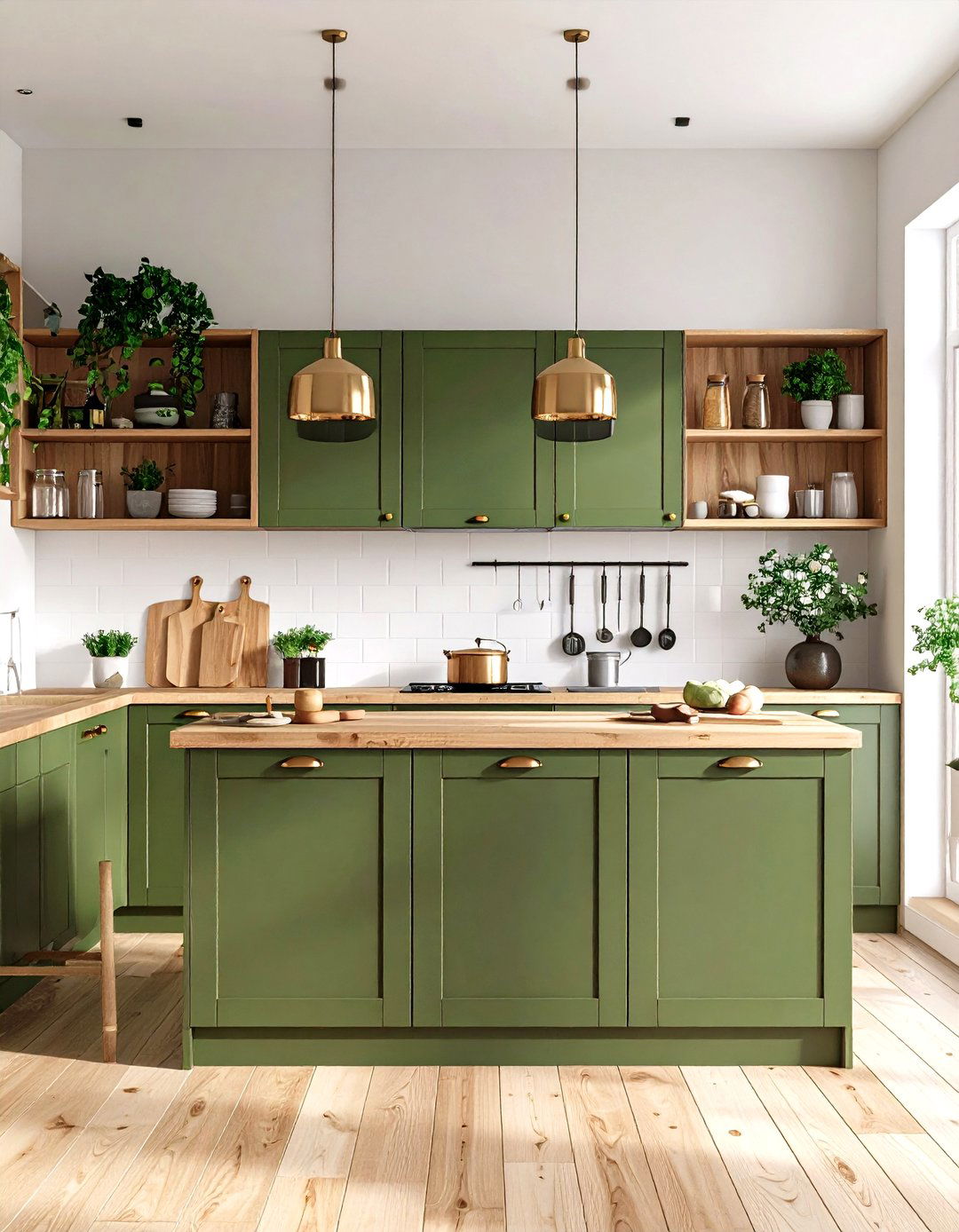 Scandinavian Kitchen with Olive Green Lower Cabinets - 24 Olive Green Room Ideas