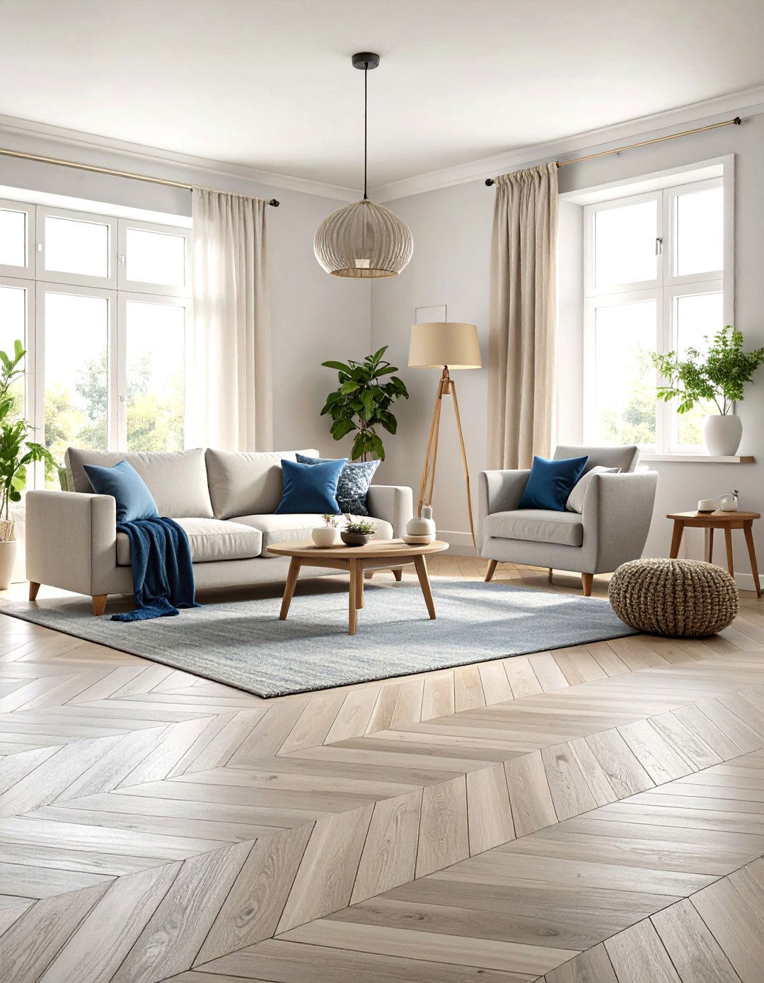 Scandinavian Light Grey Herringbone Flooring - 24 grey flooring living room ideas