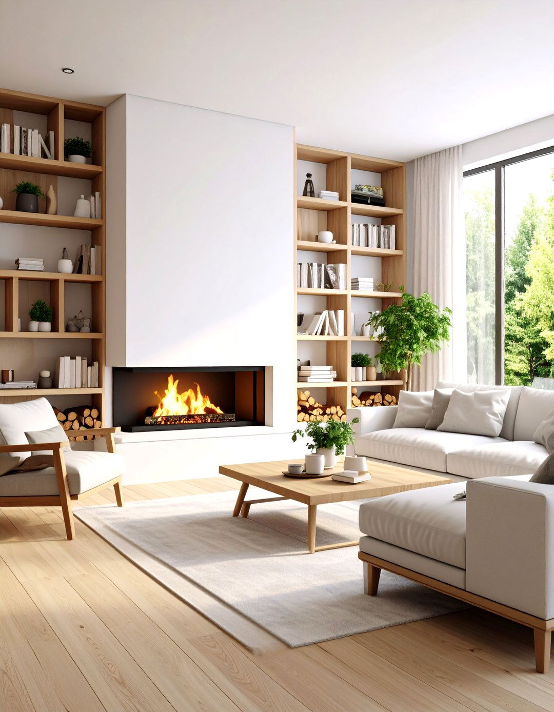 Scandinavian Light Wood and White Theme - 24 Fireplace With Bookshelves
