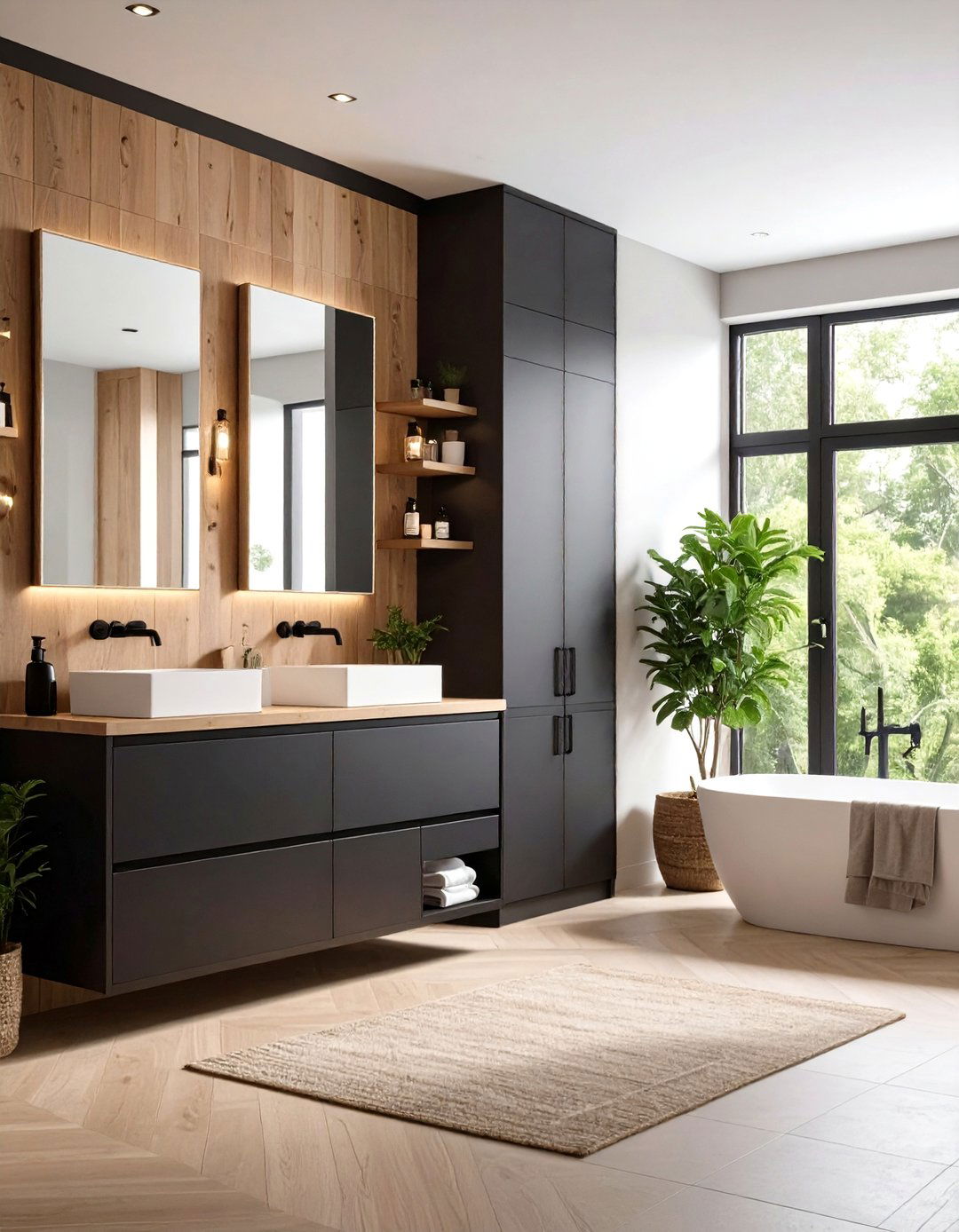 Scandinavian Style Black Cabinets with Light Wood Accents - 24 bathroom with black cabinets ideas