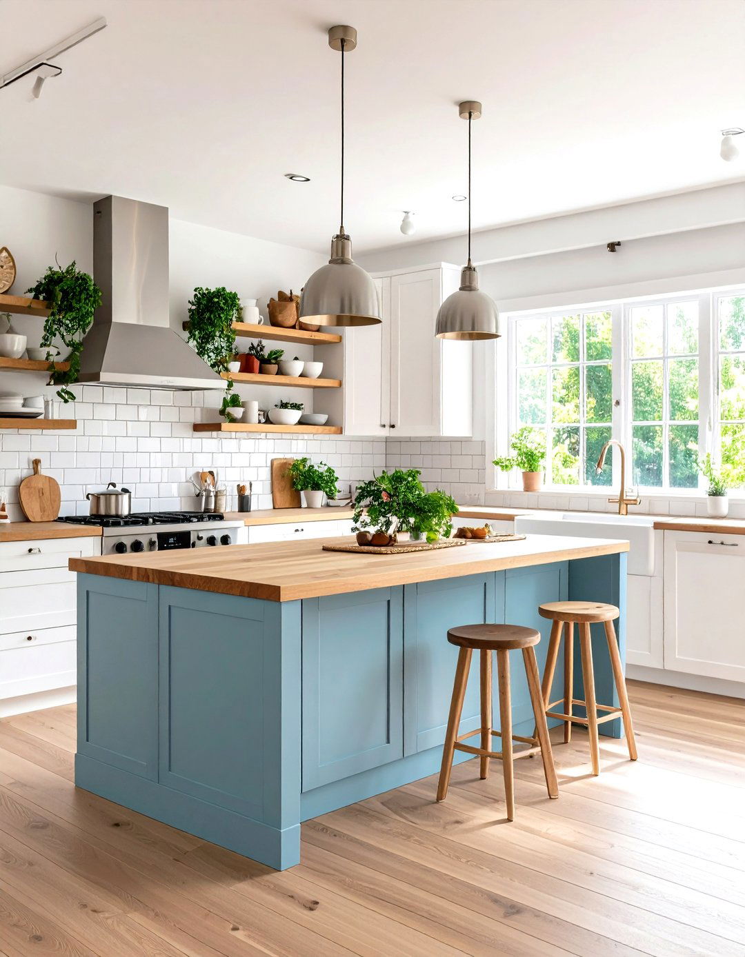 Scandinavian Style Light Blue Island - 24 White Kitchen Cabinets With Blue Island