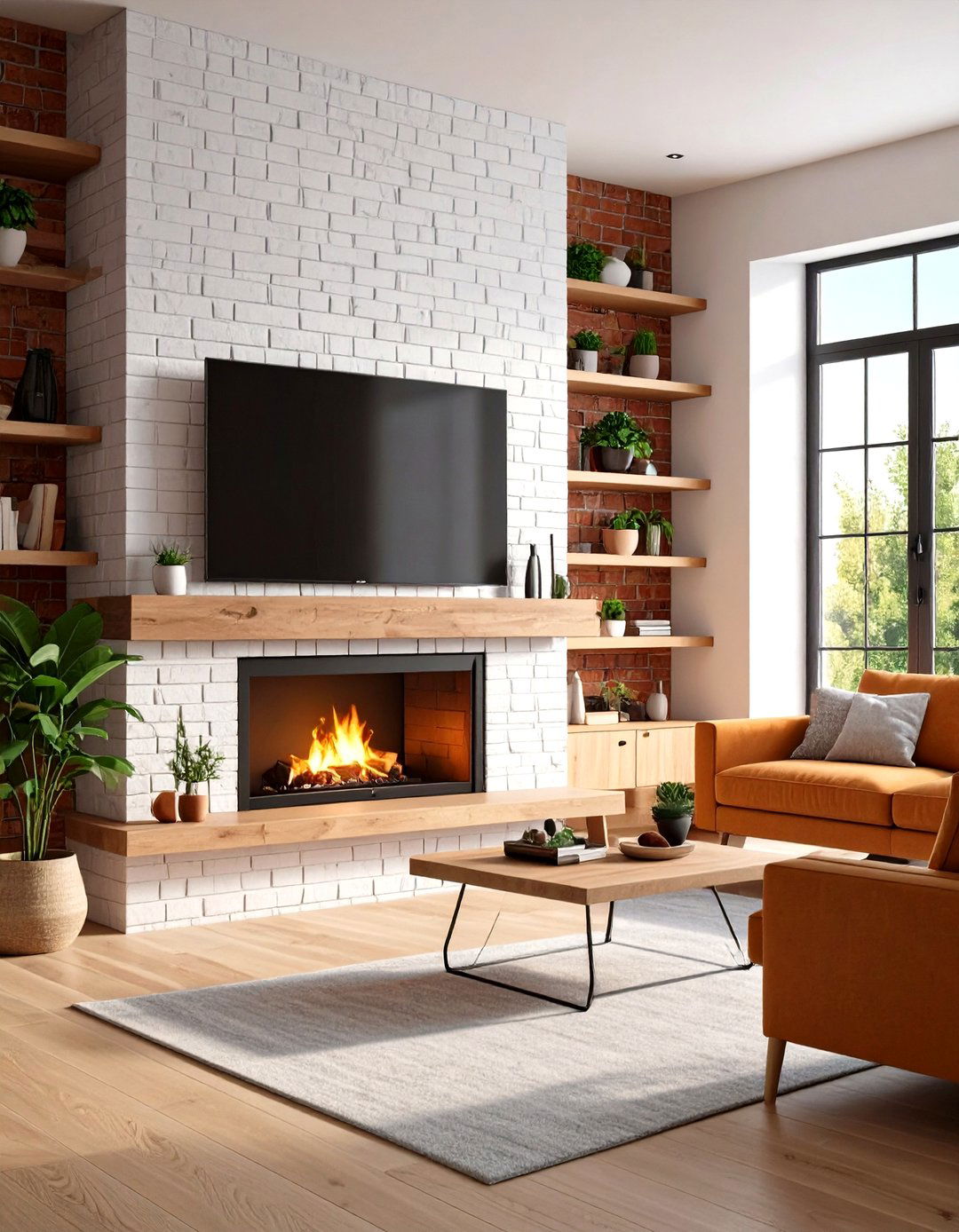 Scandinavian Style TV Over White Brick Fireplace - 24 Tv Over Fireplace Ideas