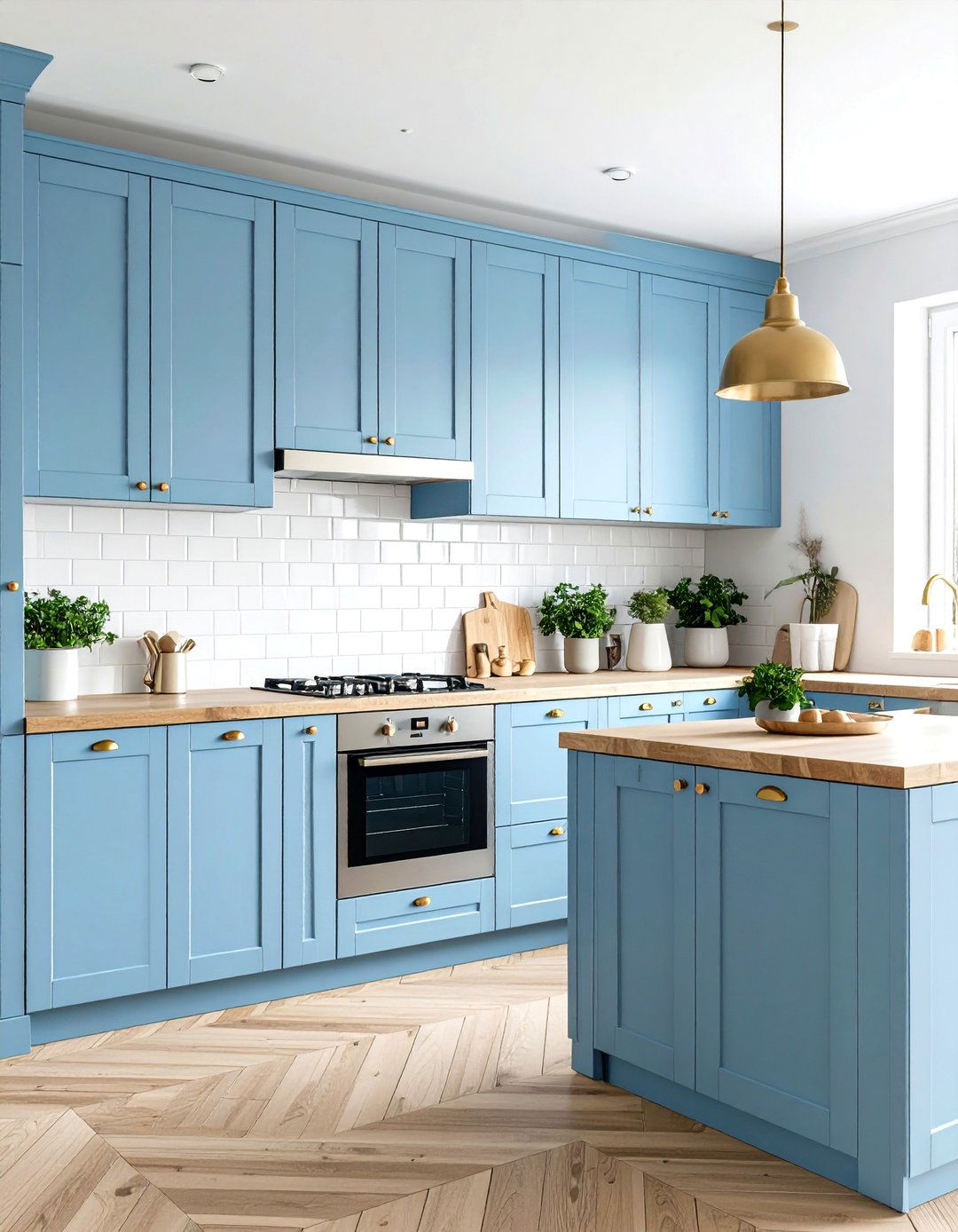 Scandinavian Style with Powder Blue Cabinets - 24 blue kitchen cabinets with gold hardware