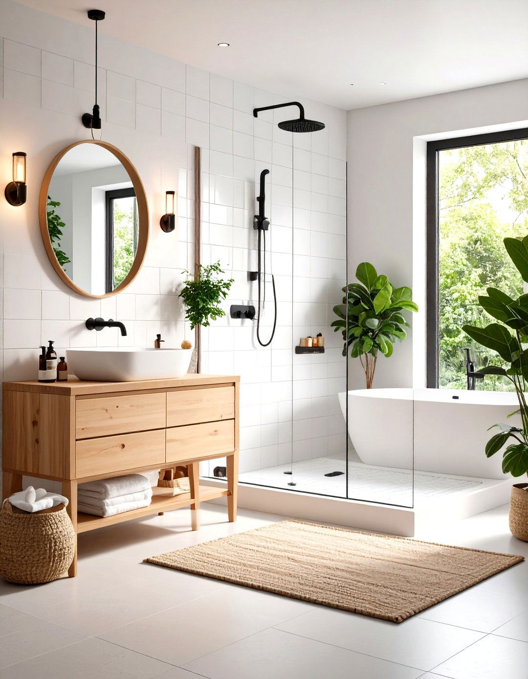 Scandinavian Walk in Shower with Light Wood Bench - 24 Walk in Shower Ideas With Bench