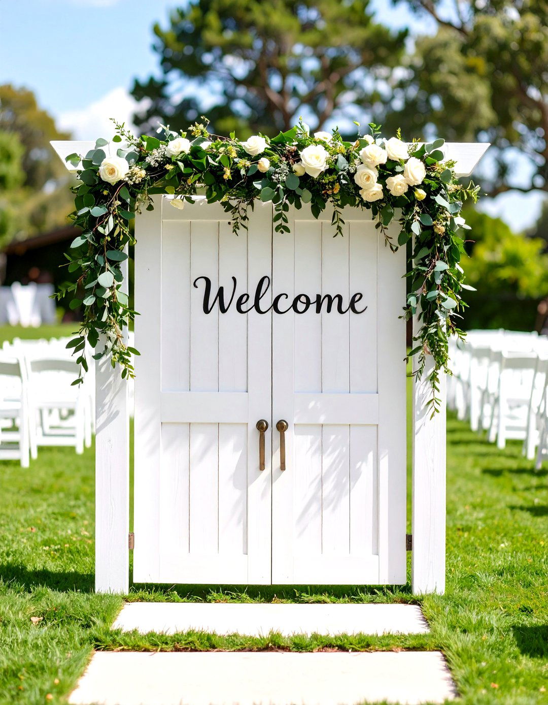 Scandinavian Wedding Welcome Sign with White Wood and Greenery - 24 Wedding Welcome Sign Ideas