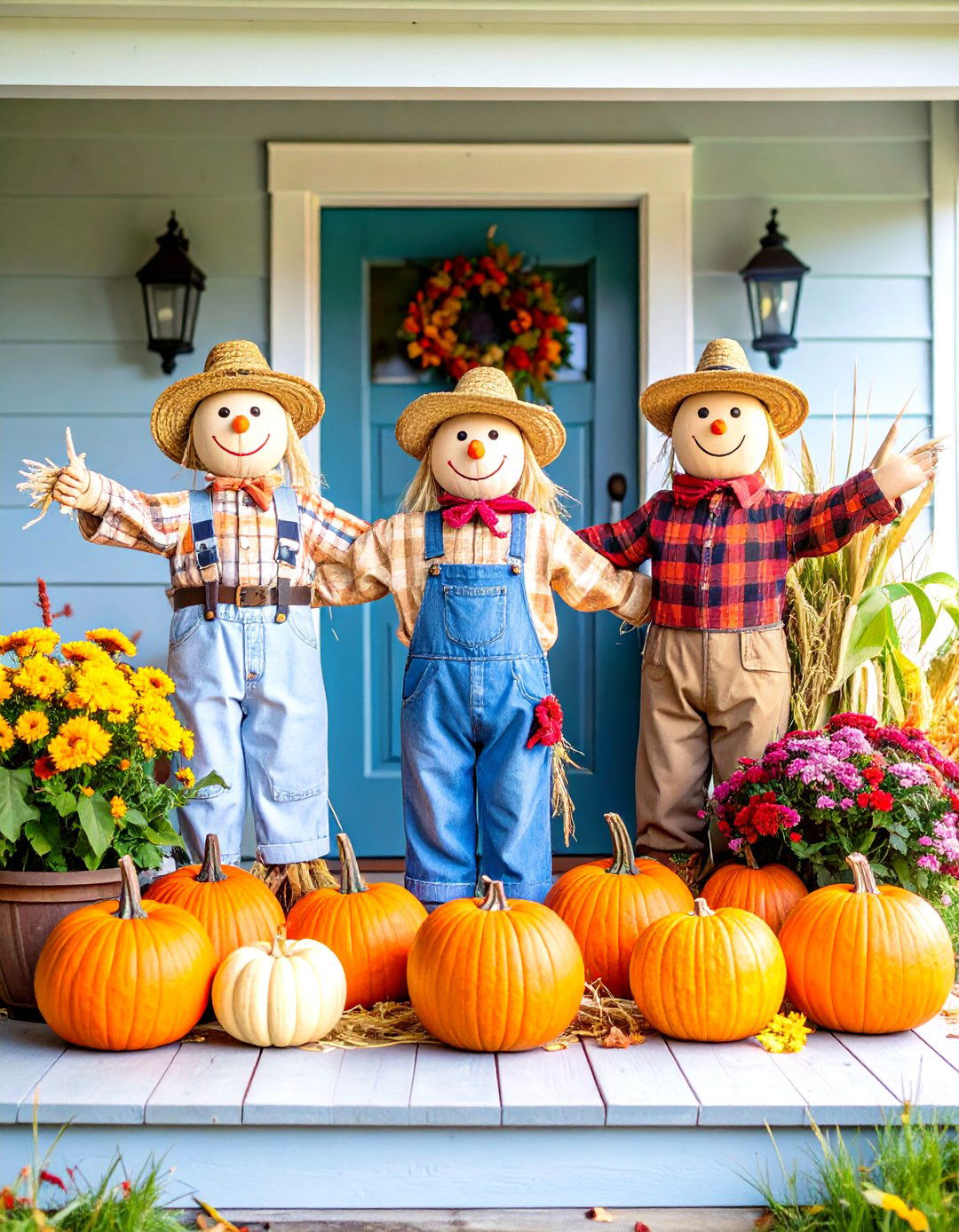 Scarecrow Welcome Committee - 24 Fall Porch Decor Ideas
