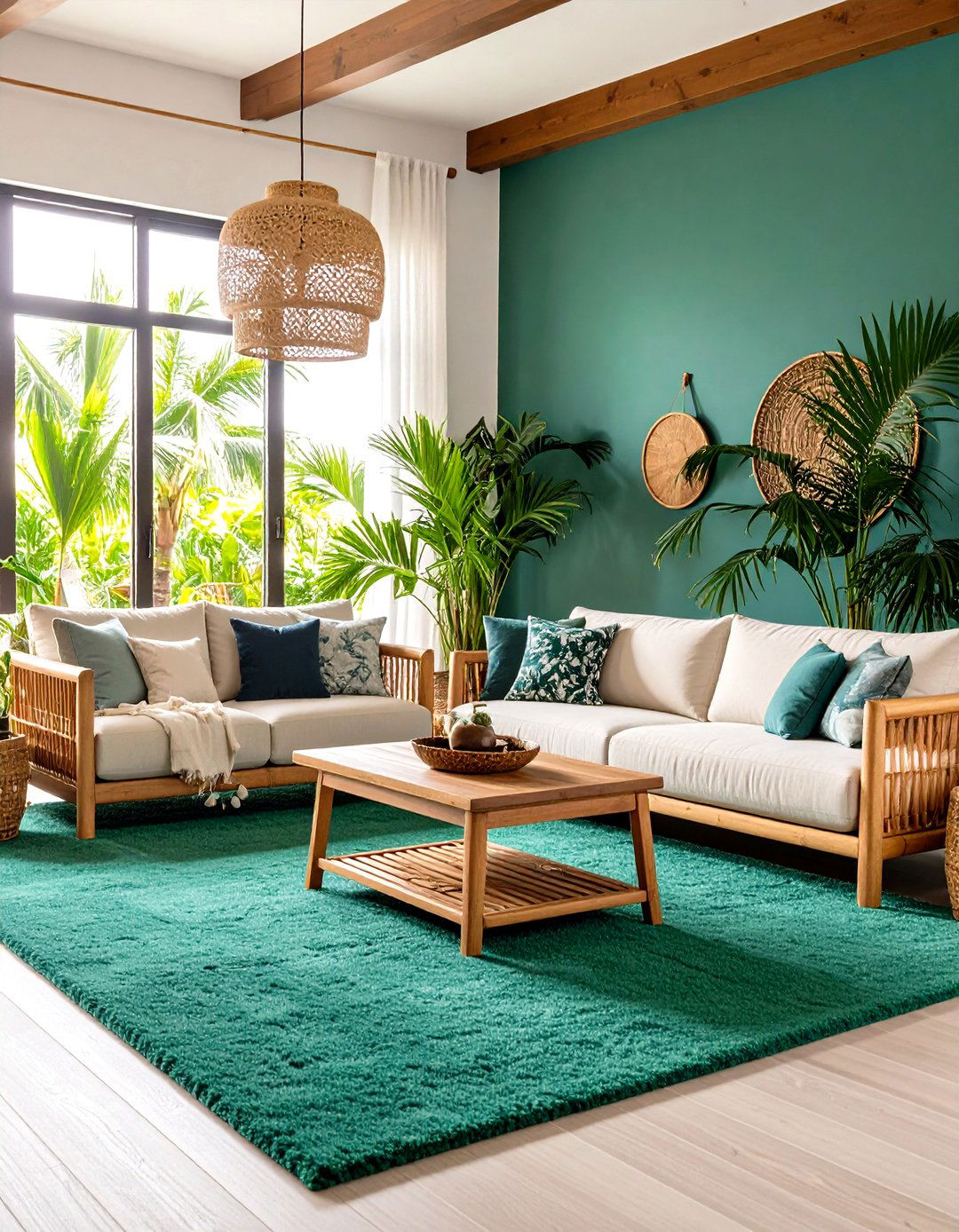 Sea Green Carpet Living Room with Tropical Paradise Elements - 24 Green Carpet Living Room Ideas